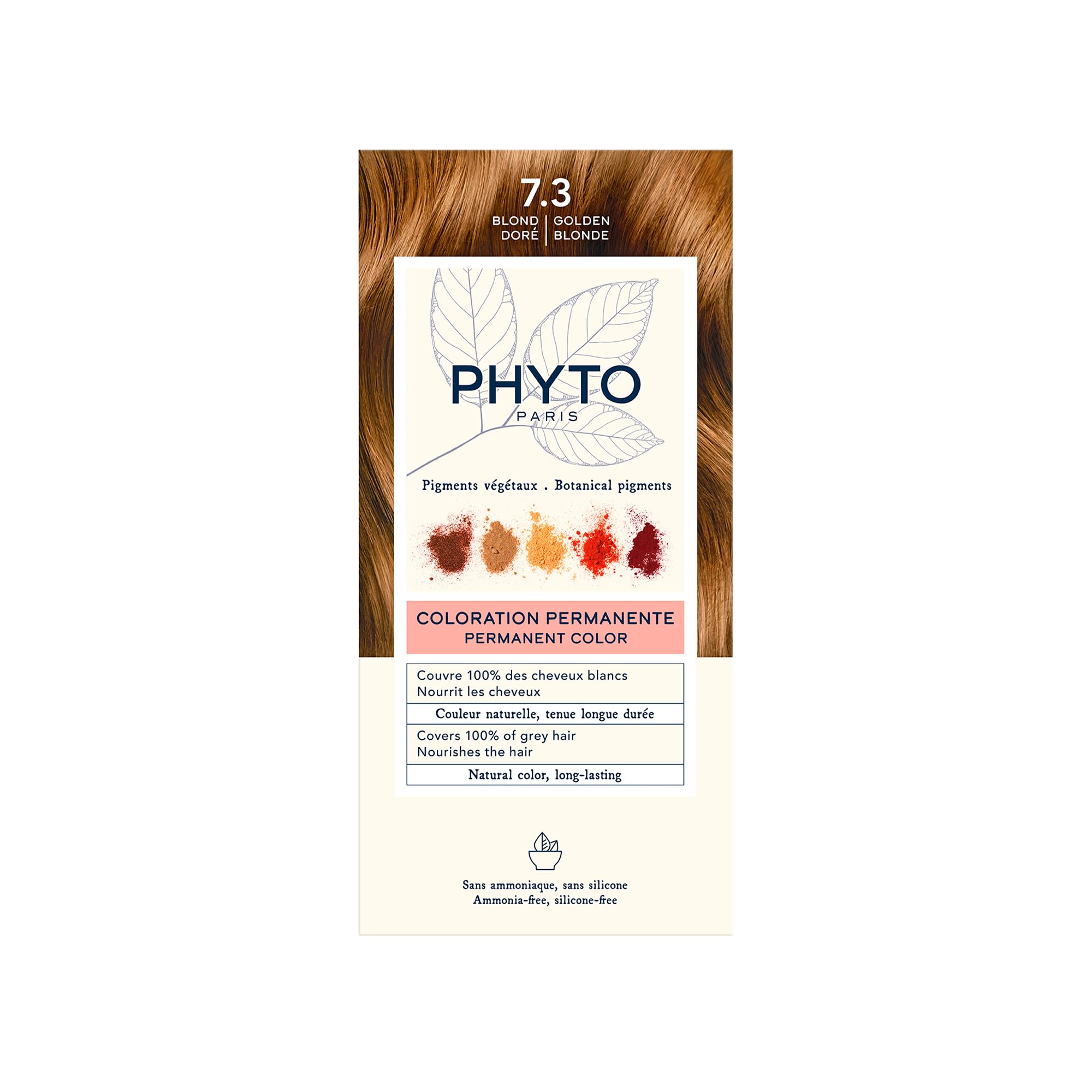 Phyto Phytocolor Permanent Natural Hair Color 7.3 Golden Blonde with Botanical Pigments, 100% Grey Hair Coverage, Ammonia-free, PPD-free, Silicone-free
