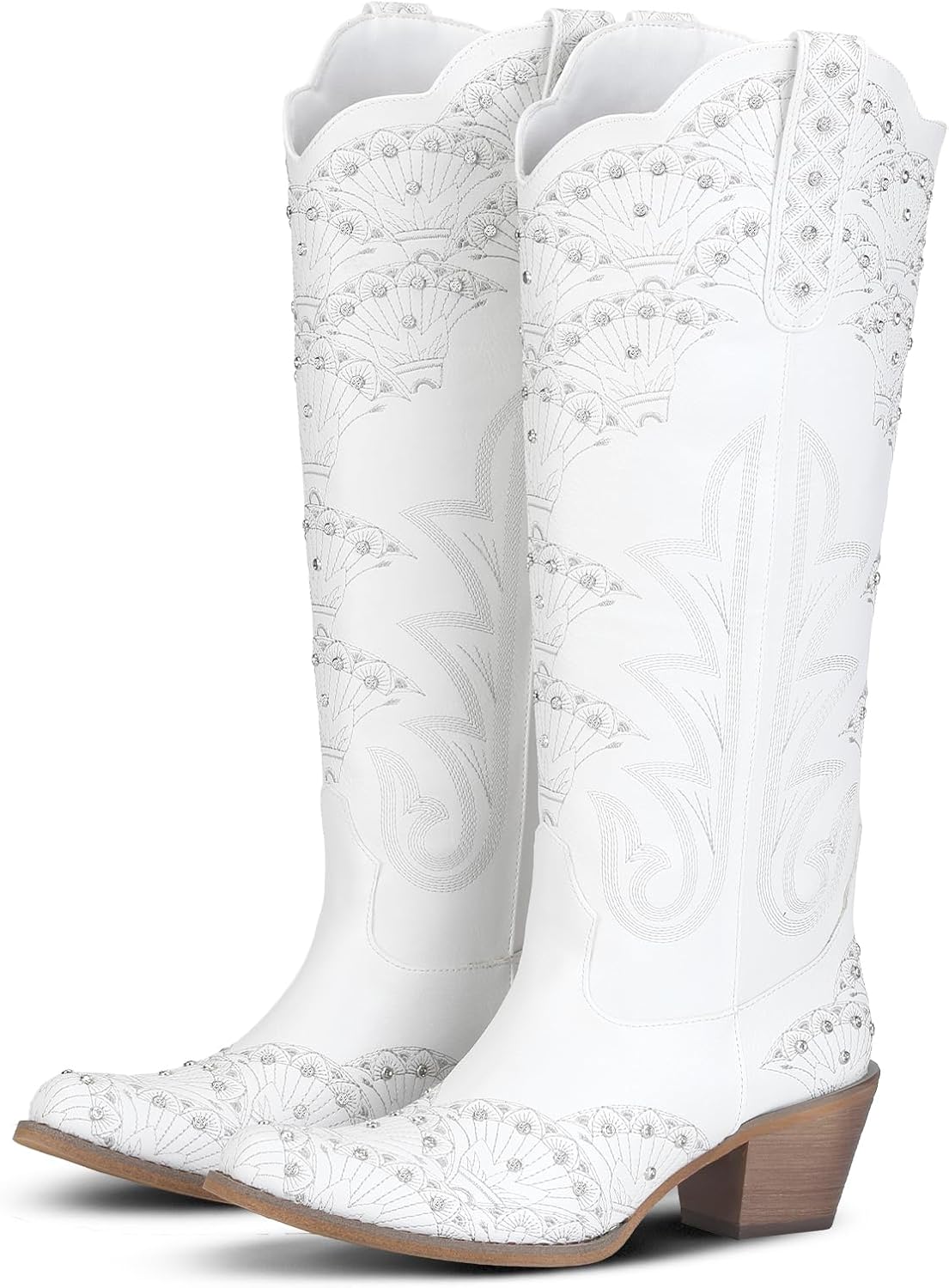 Women's Cowboy Boots Rhinestone Embroidery Western Cowgirl Boots Knee-High Sparkly Concerts Wedding Boot Snip Toe Chunky Heel for Chic Party Rodeos
