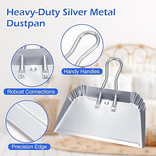 Miniatura 9 de Mumufy Paquete de 4 recogedores de metal resistente de 12 pulgadas, grandes y anchos, para el hogar, pala ancha y herramienta de limpieza de