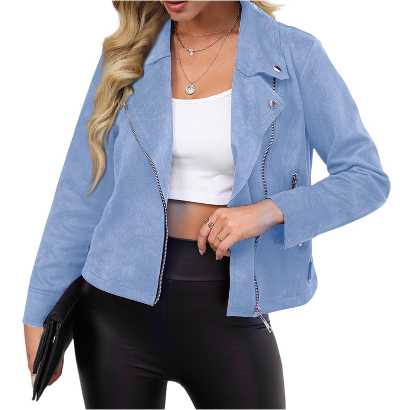 Womens Cropped Suit Jacket Open Front Long Sleeve Zipper Motorcycle Coats Office Work Business Casual Blazers