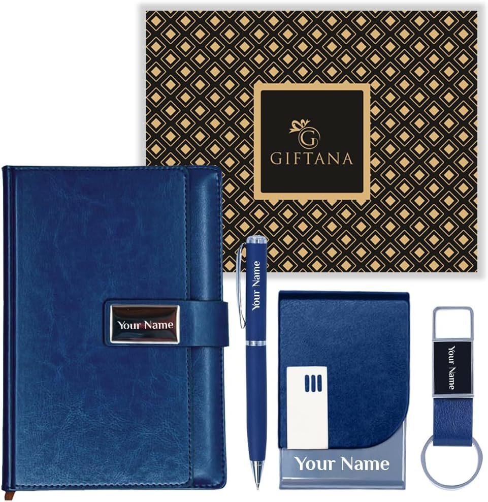 Giftana 4 in 1 Personalized Diary with Pen, Card Holder and Metal Keychain Gift Set with Name, Personalised Gift Set for Doctor, Husband, Diwali Gifts, New Year Corporate Gift for Employee (Blue1)