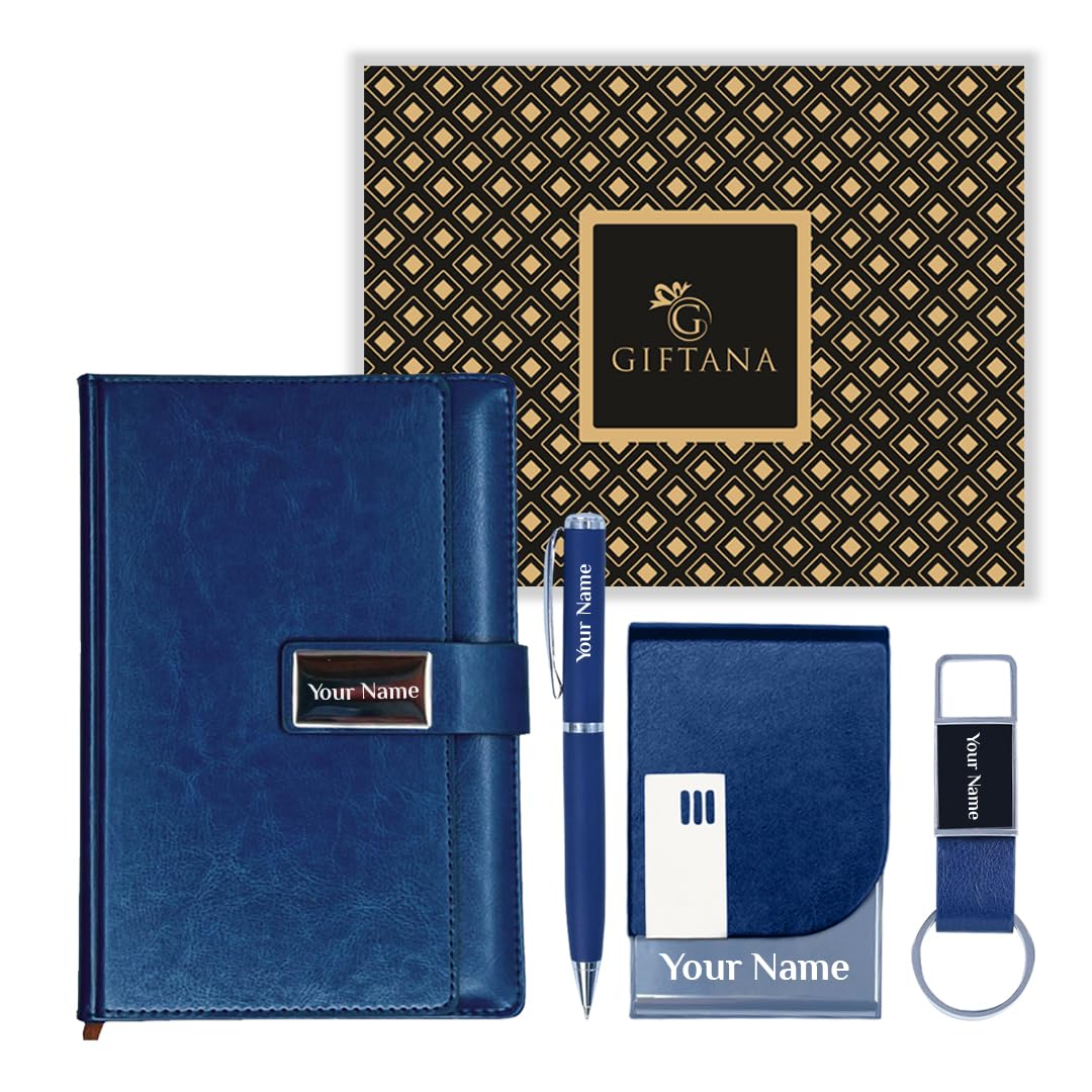 Giftana 4 in 1 Personalized Diary with Pen, Card Holder and Metal Keychain Gift Set with Name, Personalised Gift Set for Doctor, Husband, Diwali Gifts, New Year Corporate Gift for Employee (Blue1)