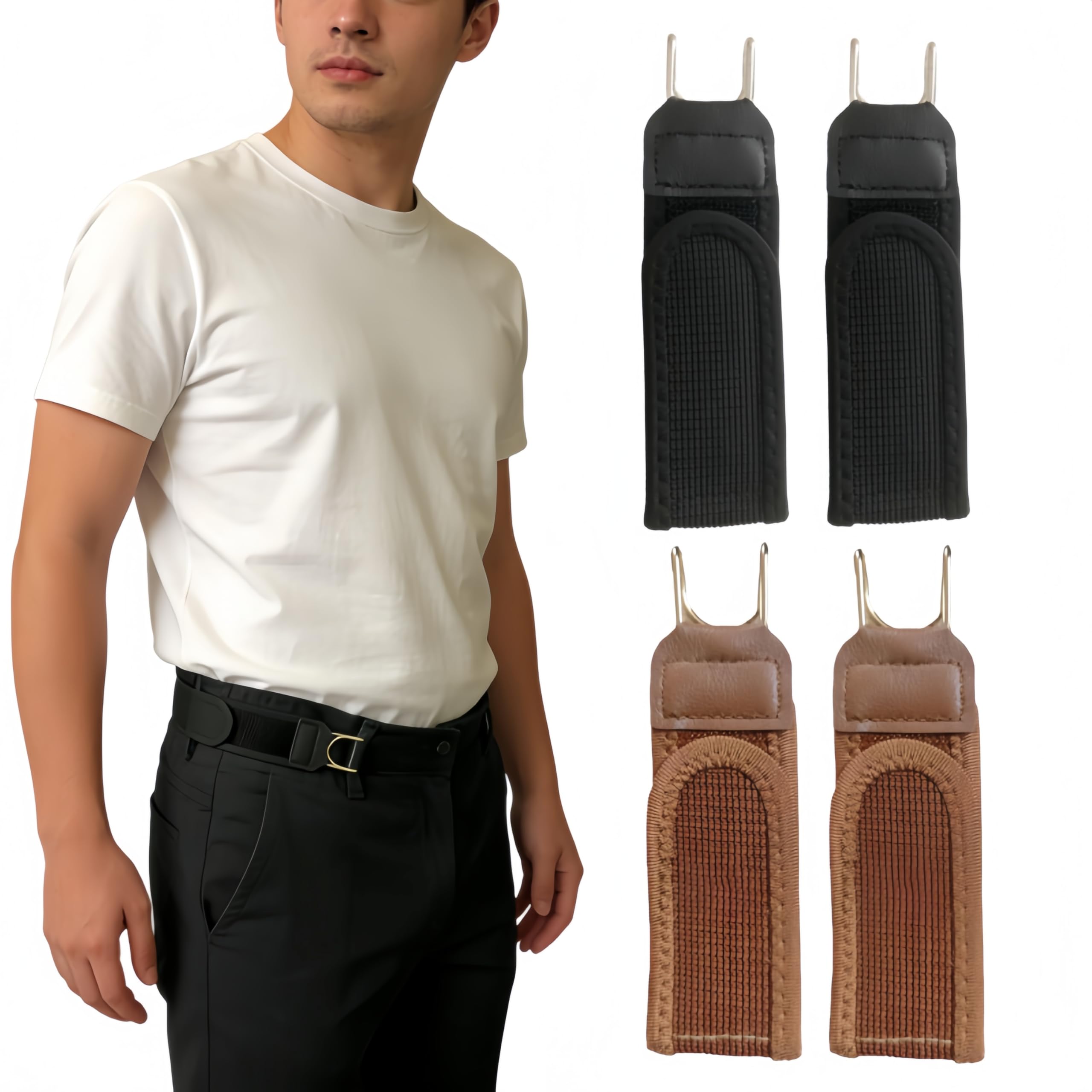 Yadezzn Men's Mixed No Buckle Belts, Buckleless Belt Hook, Tactical Metal Hook Elastic Belt, Side Belt For Stretch No Buckle Closure Hooks Jeans Unisex, Suitable For Slightly Loose Trousers Black & Brown 4Pcs