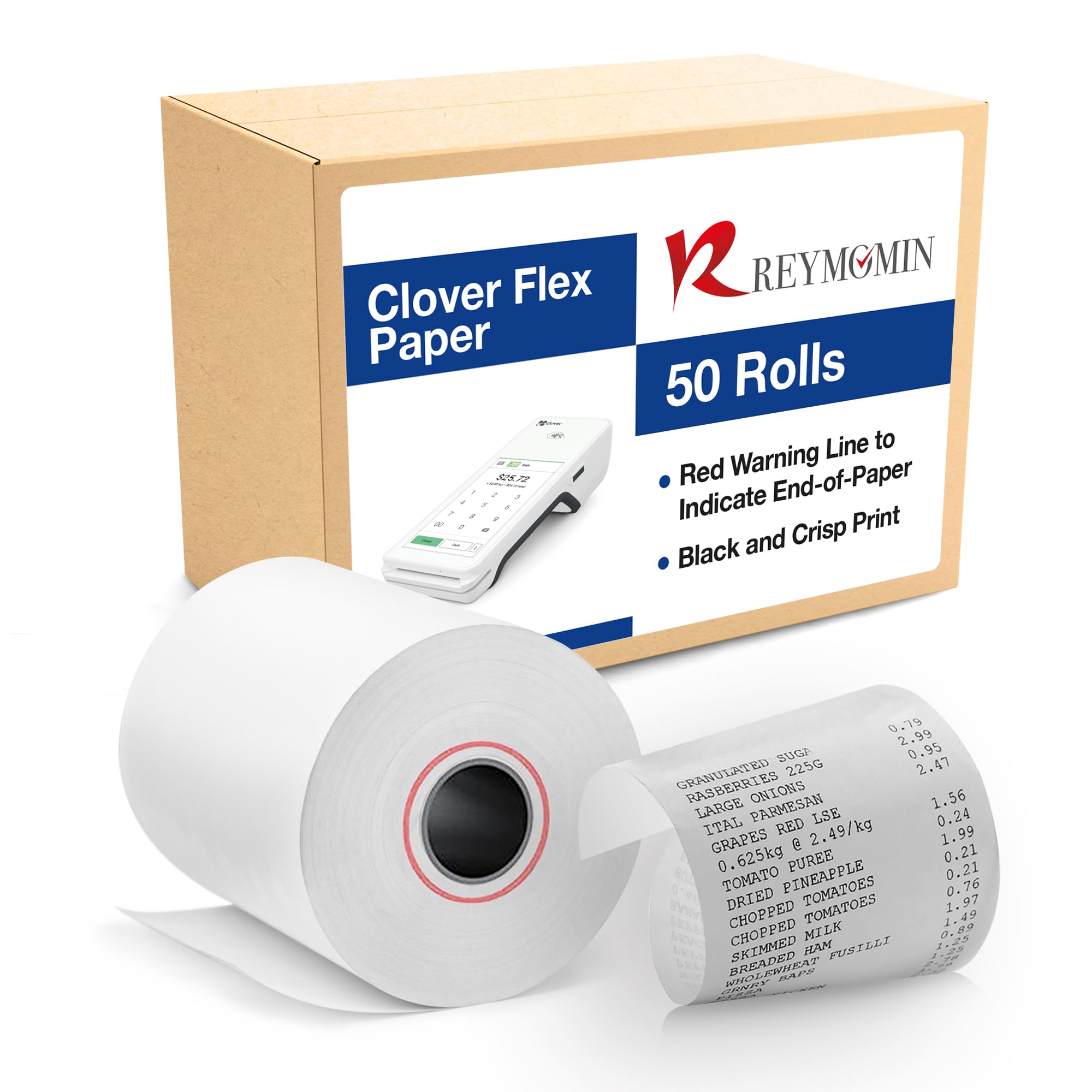 Clover Flex Paper Rolls - 50 Rolls - 2 1/4'’ x 50’- 48 GSM - Clover Flex Receipt Paper Compatible for C401, C403, C405 and C406 POS Machines - BPA