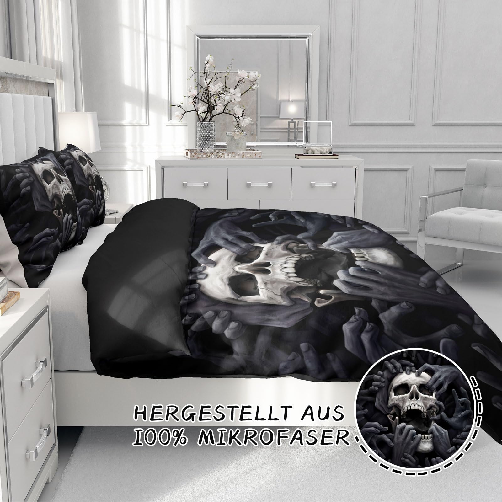 Housse De Couette Tête De Mort Gothique Noire - Taille 220x240 Cm + 2 Taies, Microfibre Polyester | Design Halloween, Motif Skull 3D