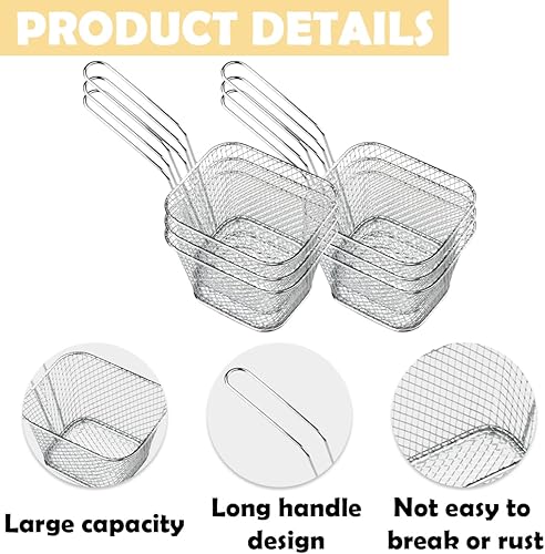 Miniatura 3 de Voittozege 12 cestas cuadradas de acero inoxidable para freír con asa, cestas de alimentos para servir reutilizables, mini freidora con cesta para