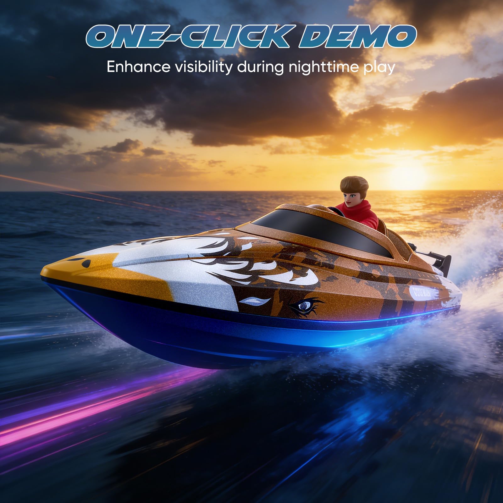 Bateau RC télécommandé 25 km/h - Bateau de course haute vitesse étanche avec 2 batteries et télécommande 2,4 GHz pour piscine, lac et étang - Pour enfants et adultes (Marron)