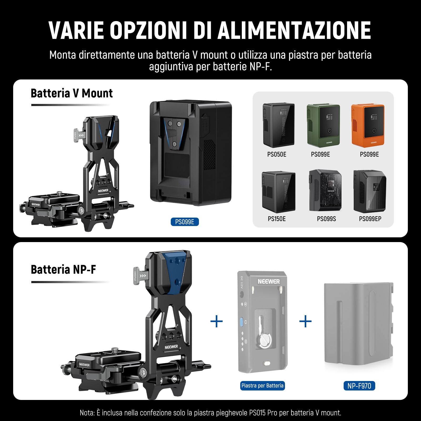 NEEWER PS015 PRO V Mount Battery Plate con Piastra a Sgancio Rapido Tipo Arca e Panno Pulizia, Adattatore V Lock Pieghevole per NEEWER PS099E Compatibile con DJI RS4 RS3 Gimbal Camera Cage Video Rig