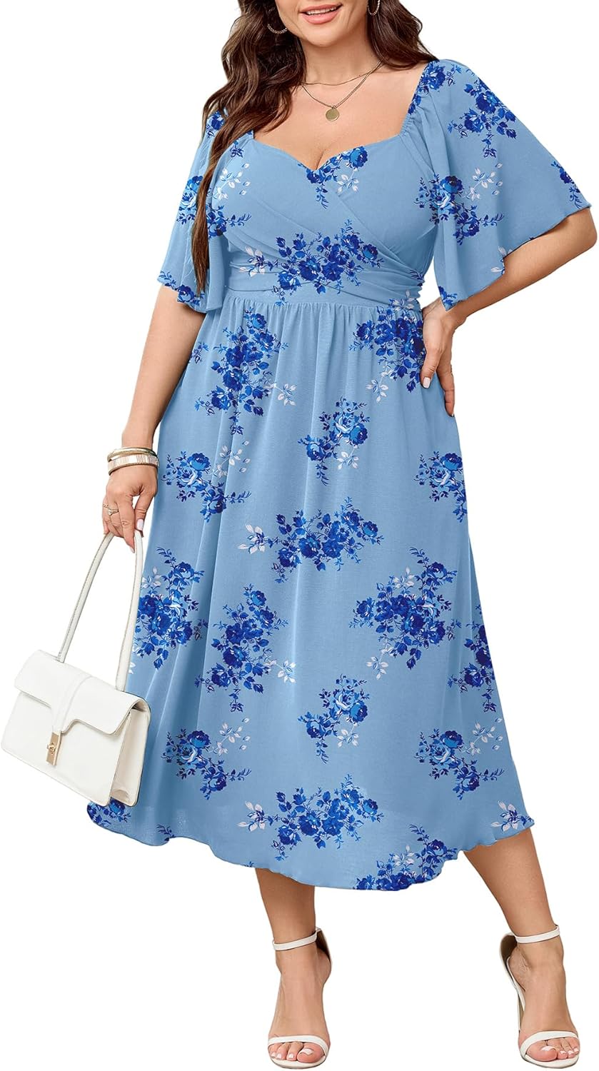 SHESTARR Women's Plus Size Midi Dress Sweetheart Neck Short Sleeve Wedding Guest Cocktail A Line Flowy Dress