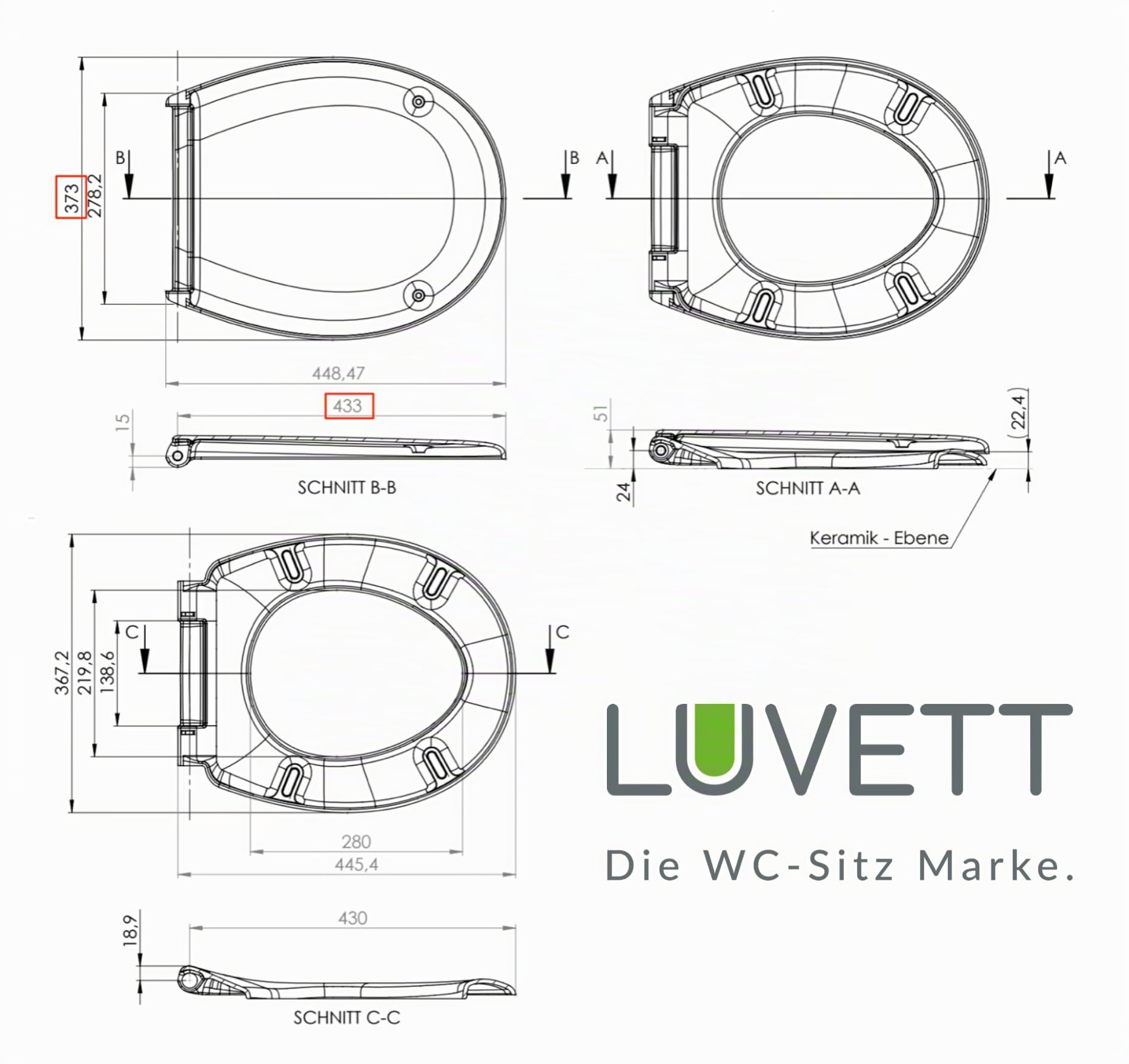 LUVETT S100 WC-Sitz Glitzersteine Oval SoftClose TakeOff EasyClean Weiß | Mit 44 Glitzersteinen in Handarbeit. Duroplast WC-Sitz mit SoftClose Absenkautomatik und 3-in-1 Edelstahl-Befestigungsset.