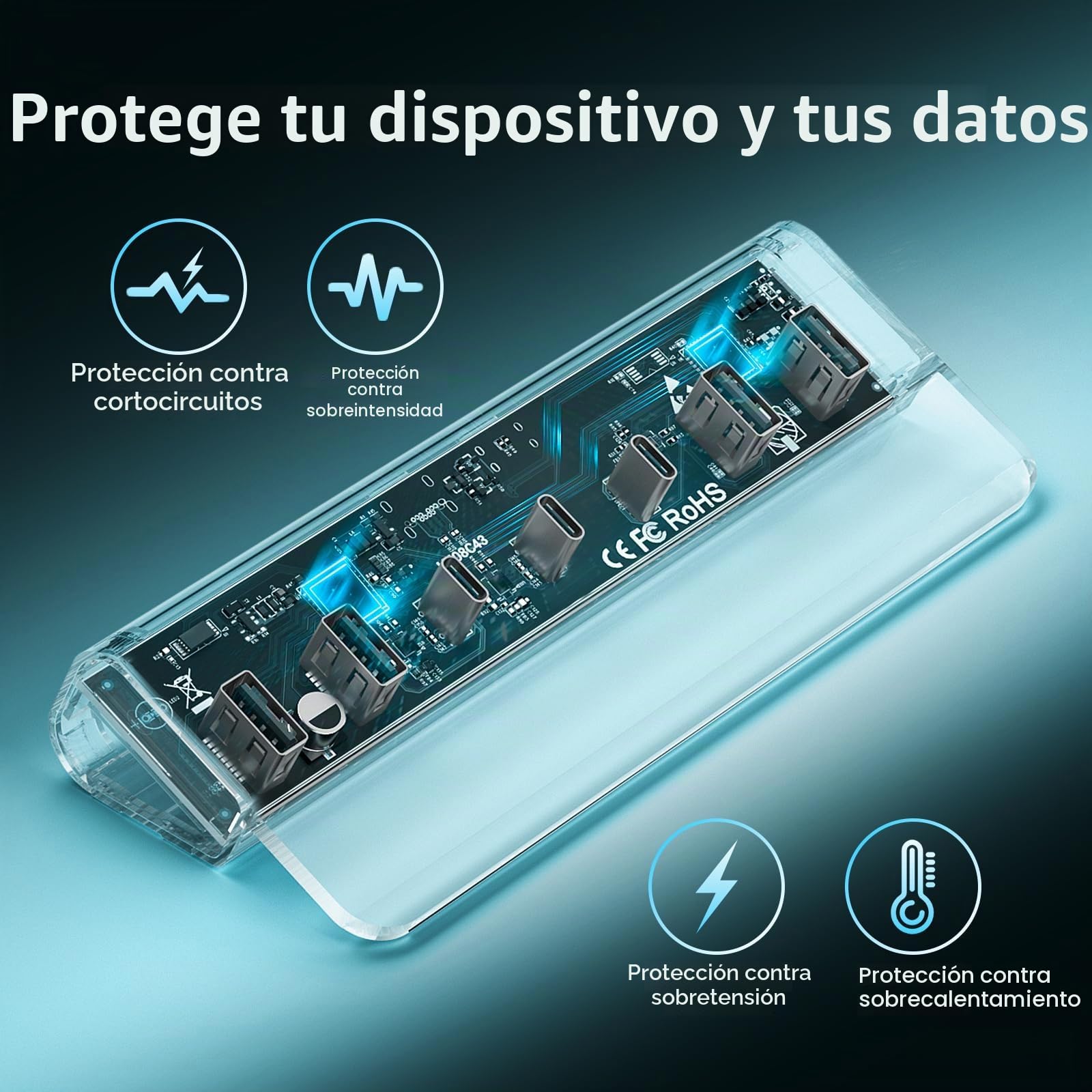 FIDECO Hub USB Alimentado, 7 Puertos USB 3.2 Gen 2 10Gbps Alta Velocidad Aluminio Completo con Adaptador de Corriente de 5V 3A 4 Puertos USB A y 3 Puertos USB C Soporte de Carga BC1.2 (Gris)