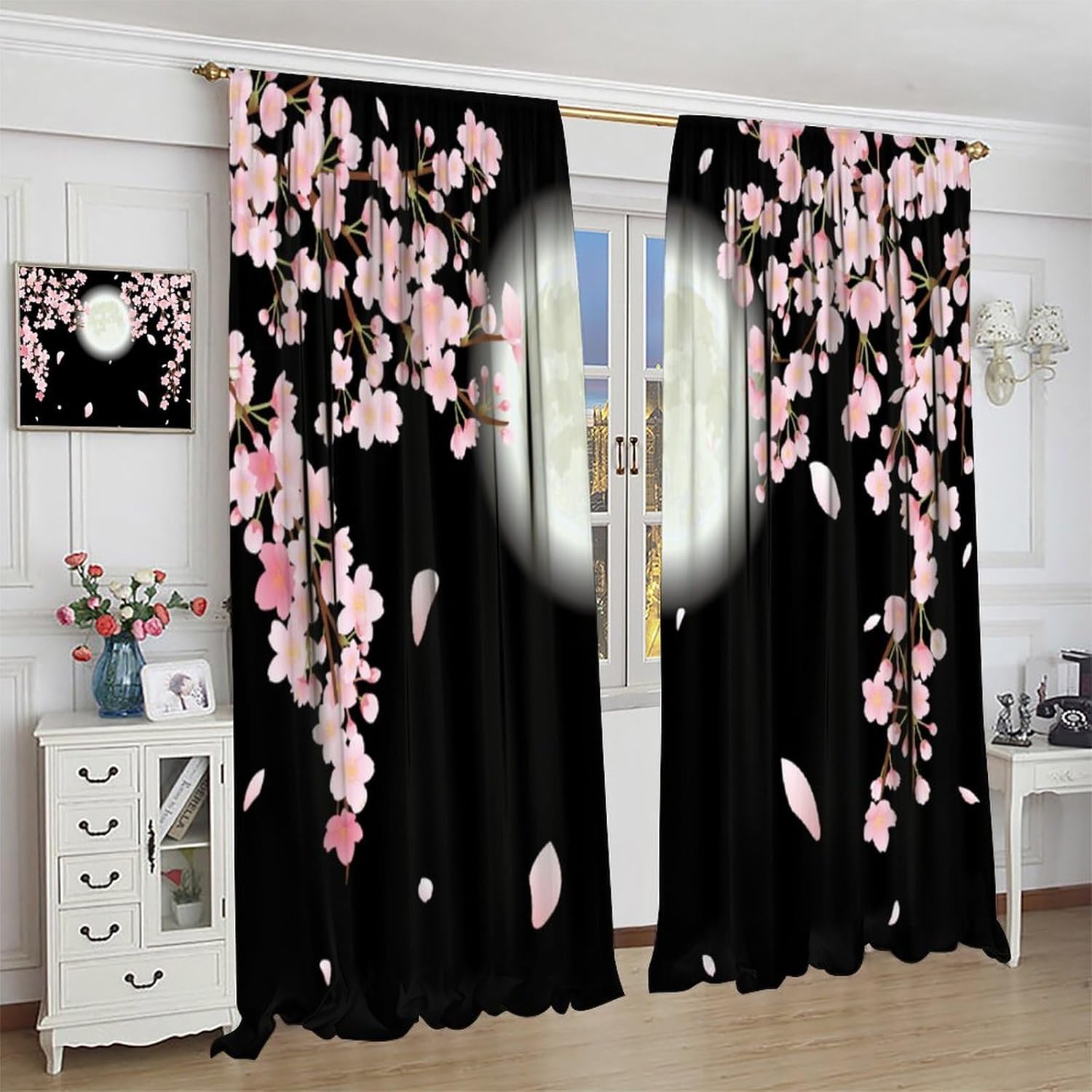 Japanese Cherry Blossom Curtains, Romantic Night Pink Cherry Blossom Floral Full Moon Nature Scenery Window Drapes Curtains for Living Room Bedroom Cafe, 42" W X 45" L
