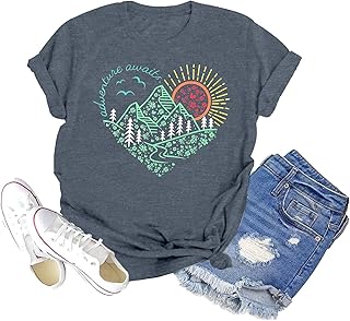 GEMLON Sunset Pine Tree Tshirt Women Camping Tshirt Retro Sun Print Graphic Tee Casual Short Sleeve Top