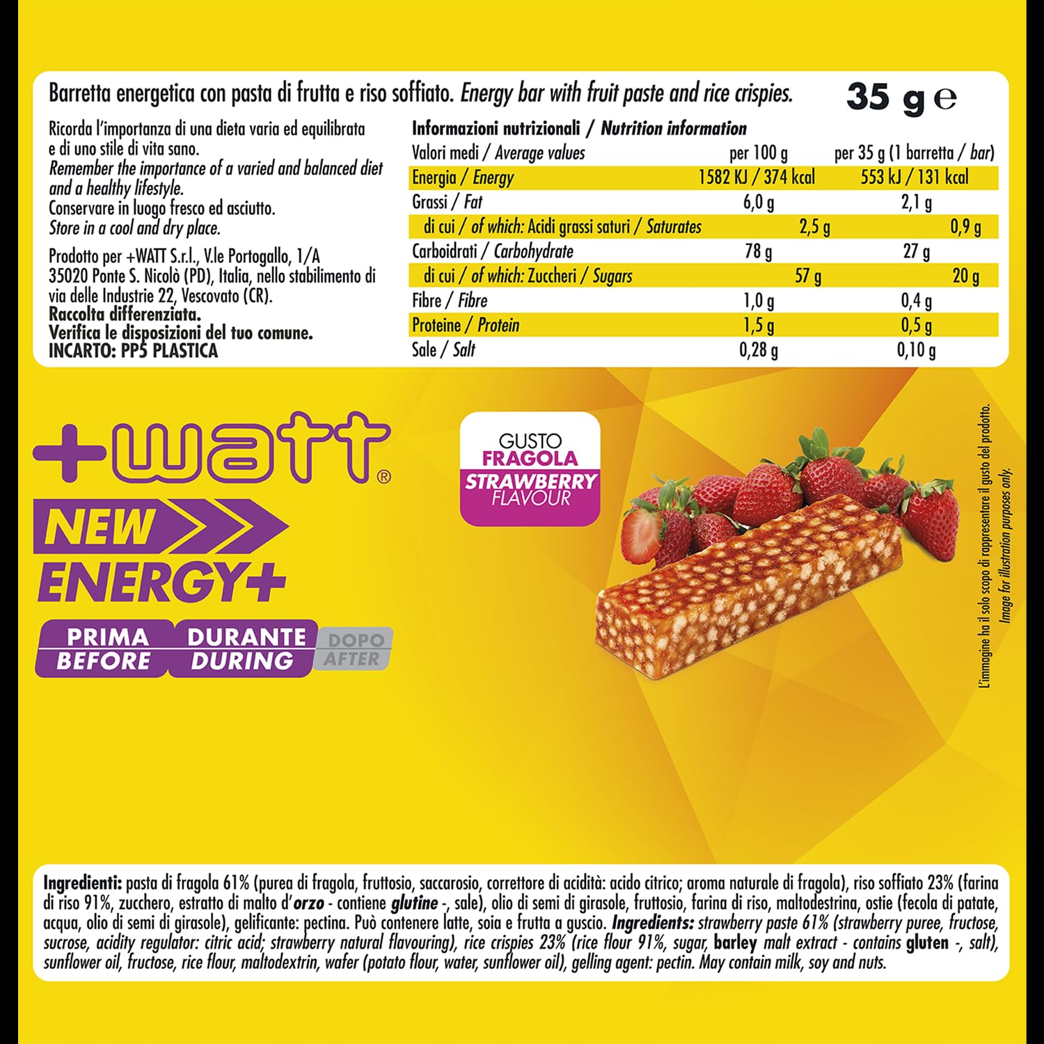 +Watt New Energy+ - Barretta energetica alla frutta con riso soffiato - Box 24 barrette - Gusto Fragola