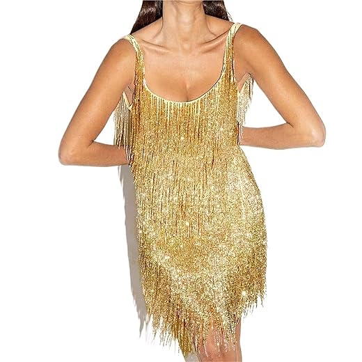 Fringe Sequins Mini Dress Women Elegant Sleeveless Tassel Bodycon Night Club Party