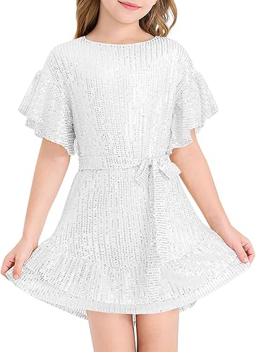 Batermoon Girls' Sequin Dress Crew Neck Bat Sleeve Ruffle Party Wedding Flower Dress with Belt for 5-14 Years