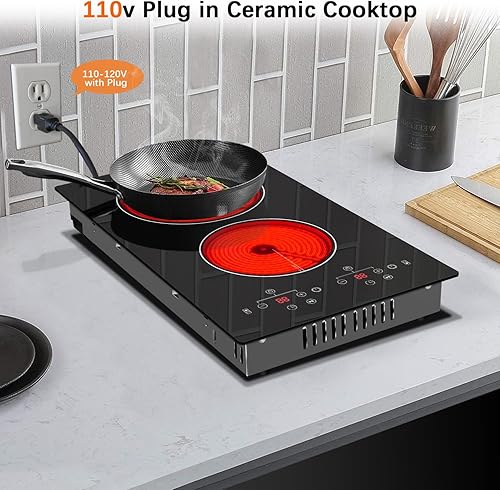 Miniatura 6 de Placa eléctrica de 2 quemadores, estufa eléctrica de 2000 W, estufa de cerámica integrada y de encimera con control táctil, 9 niveles de potencia,