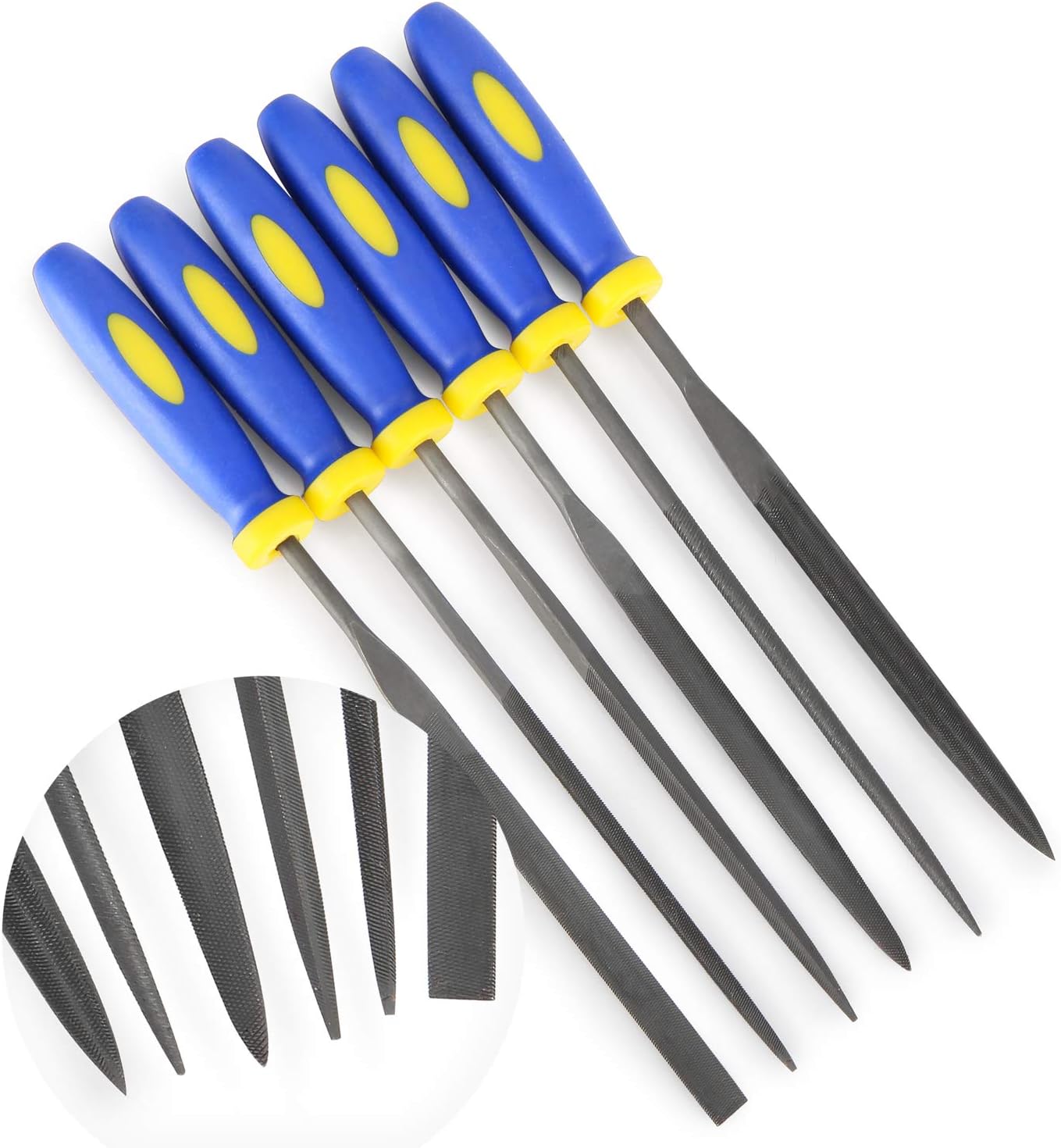 MINI Needle File Set (Carbon Steel 6 Piece-Set) Hardened Alloy Strength Steel - Set Includes Flat, Flat Warding, Square, Triangular, Round, and Half-Round File(6' Total Length)