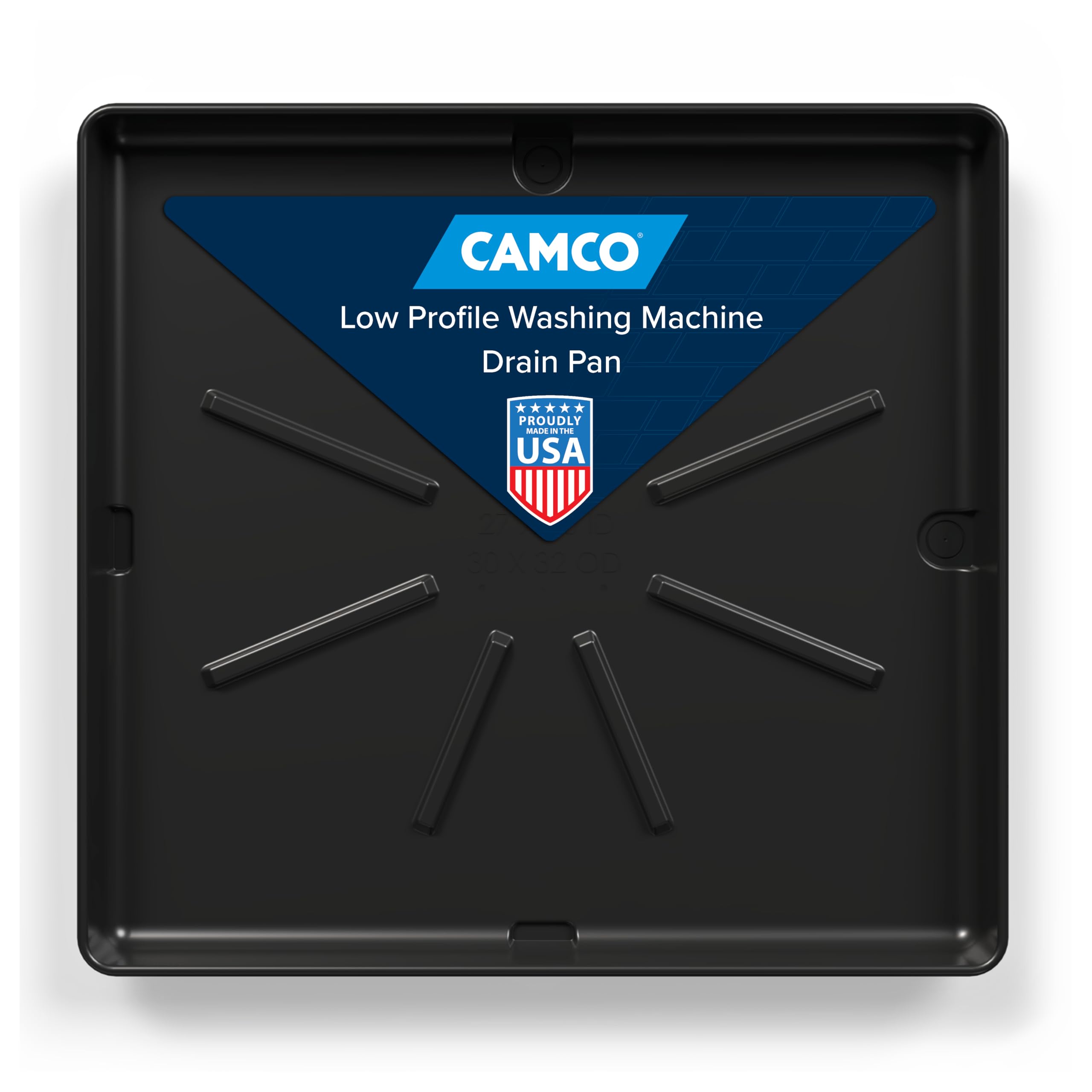 Camco 20784 Low Profile Washing Machine Drain Pan with PVC Fitting, 30 ½-Inch x 34 ½-Inch, Graphite - Protects Your Floors from Washing Machine Leaks - Easy to Use