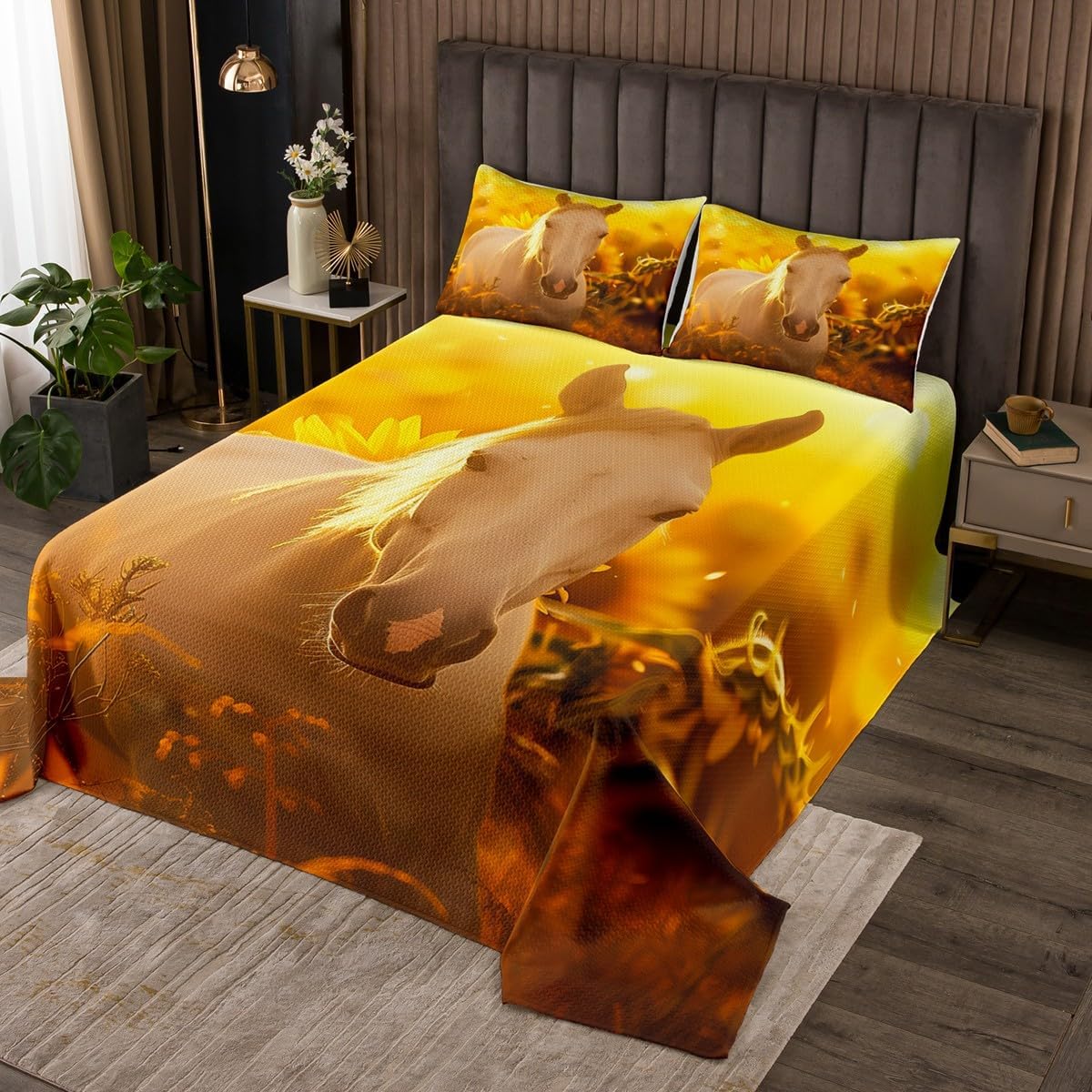 Erosebridal Girls Horse Twin Bedspread Set Chic Rose Flower Coverlet Set for Kids Boys,White Horse Animal Bedding Set Pink Floral Room Decorations Horse Theme Bedroom Decoration,Soft 2 Piece