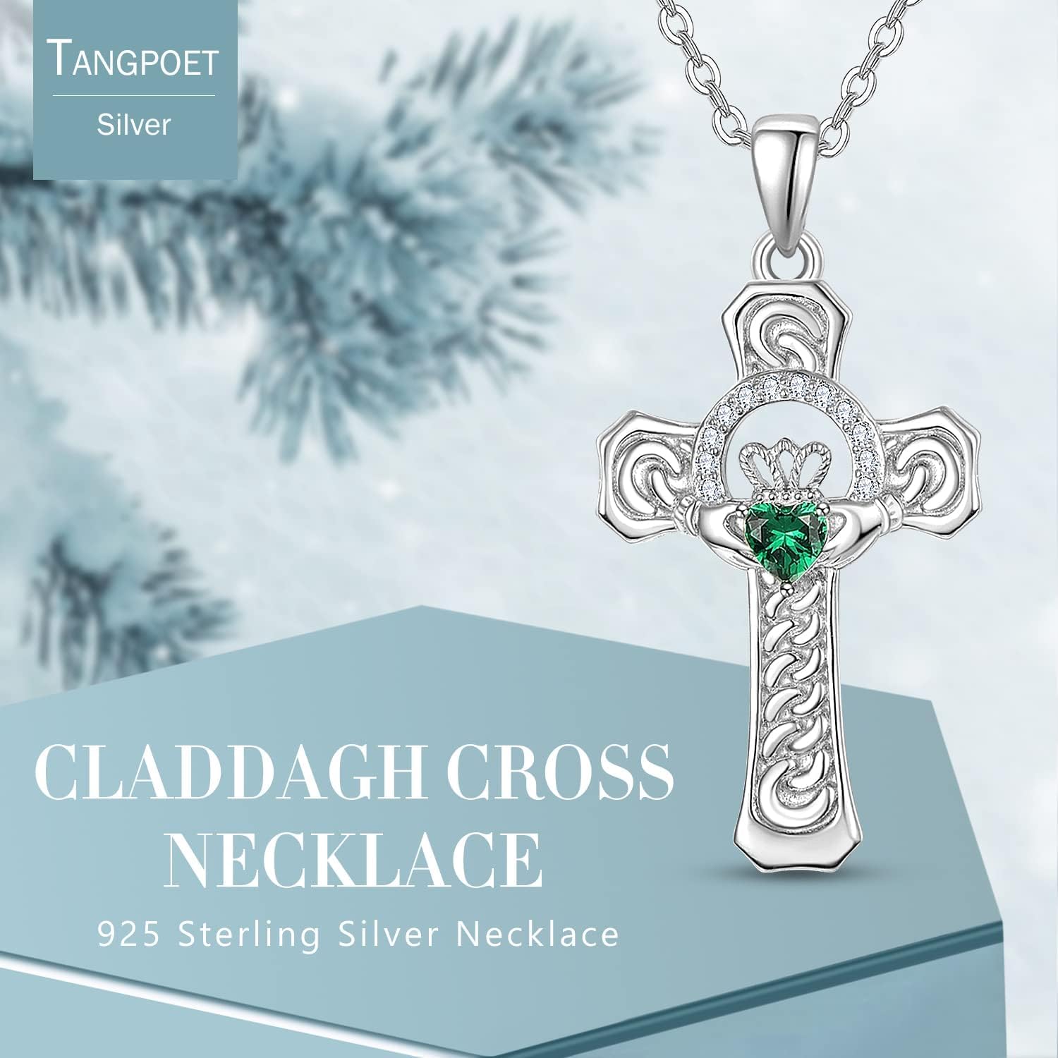 TANGPOET Claddagh Cross Necklace for Women 925 Sterling Silver Celtic Cross Pendant Irish Jewelry with Emerald Green Stone Gifts for Her Birthday Baptism with 18"+2" Chain - Image 6