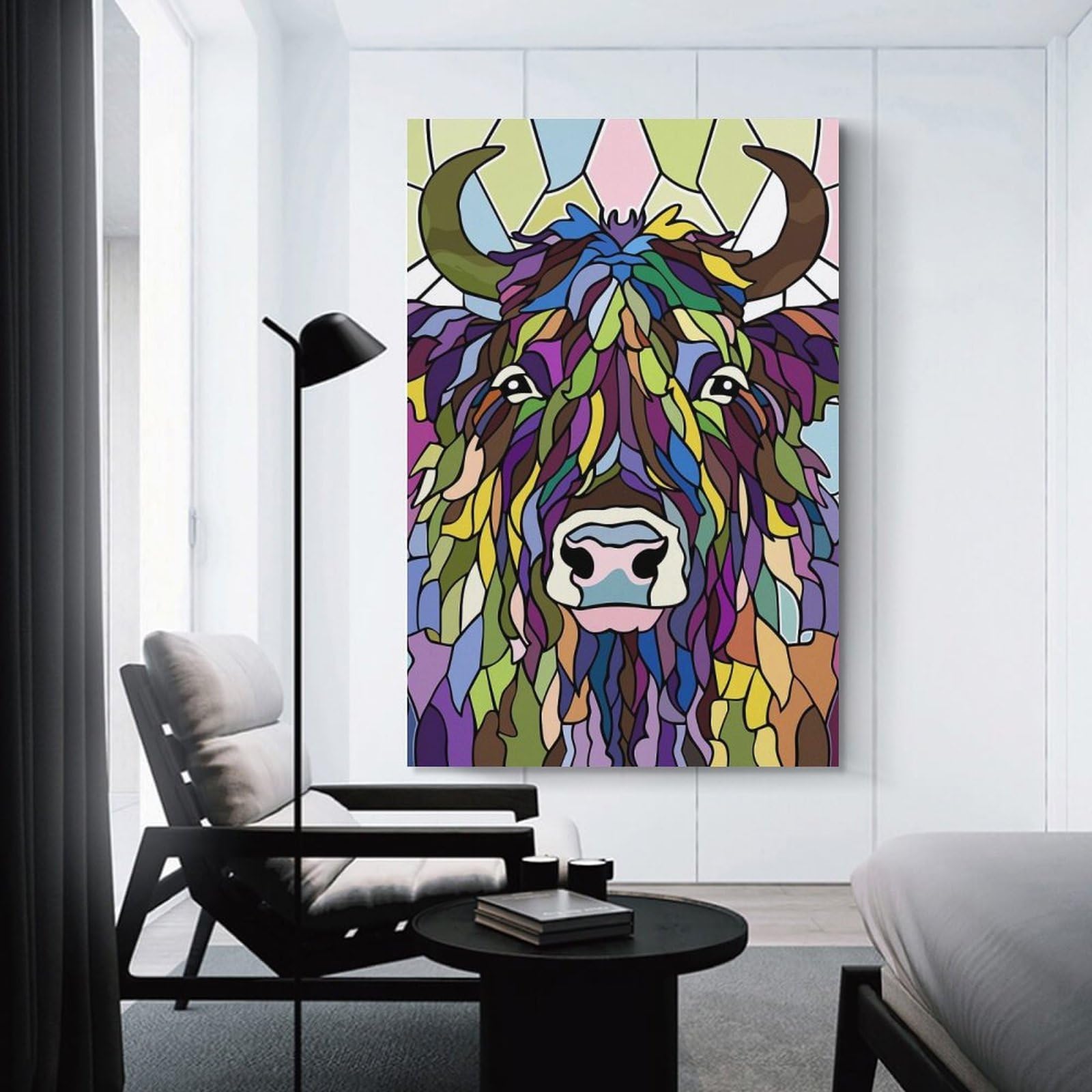 Junmoney Unframe-Style-15-1 Wall Picture Print Colorful Highland Cow Stained Glass, 24X36inch(60X90cm), For Wall Displays, Bedrooms Or Room Updates, Wall Decor Suited To Curated Displays
