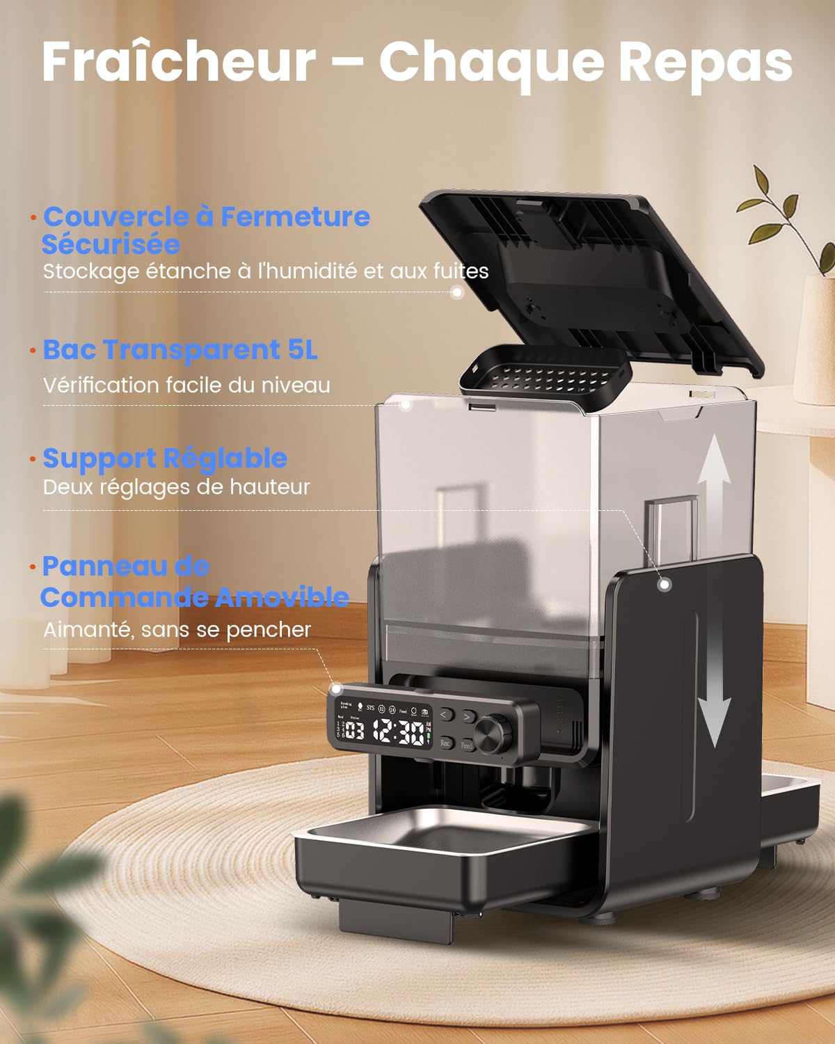 Distributeur automatique de nourriture pour chat pour 2 chats, 5L/20 tasses Distributeur automatique de nourriture pour chat avec bols réglables, panneau de commande amovible, programmation