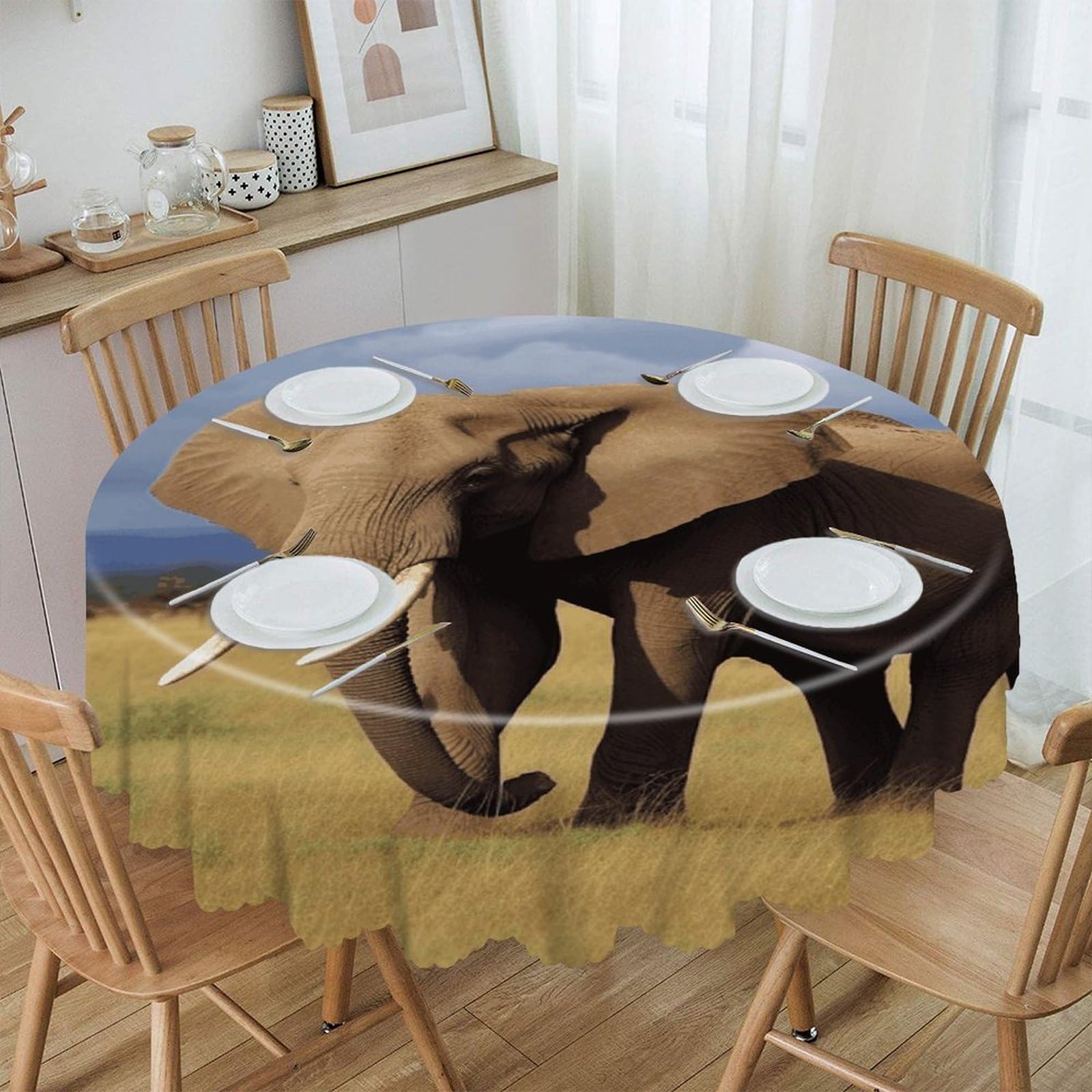 VstaDank Africa Grassland Elephant Round Tablecloth 60 Inch Easy Clean Round Thick Decorative Polyester Tablecloth for Dining Kitchen Party Farmhouse Outdoor