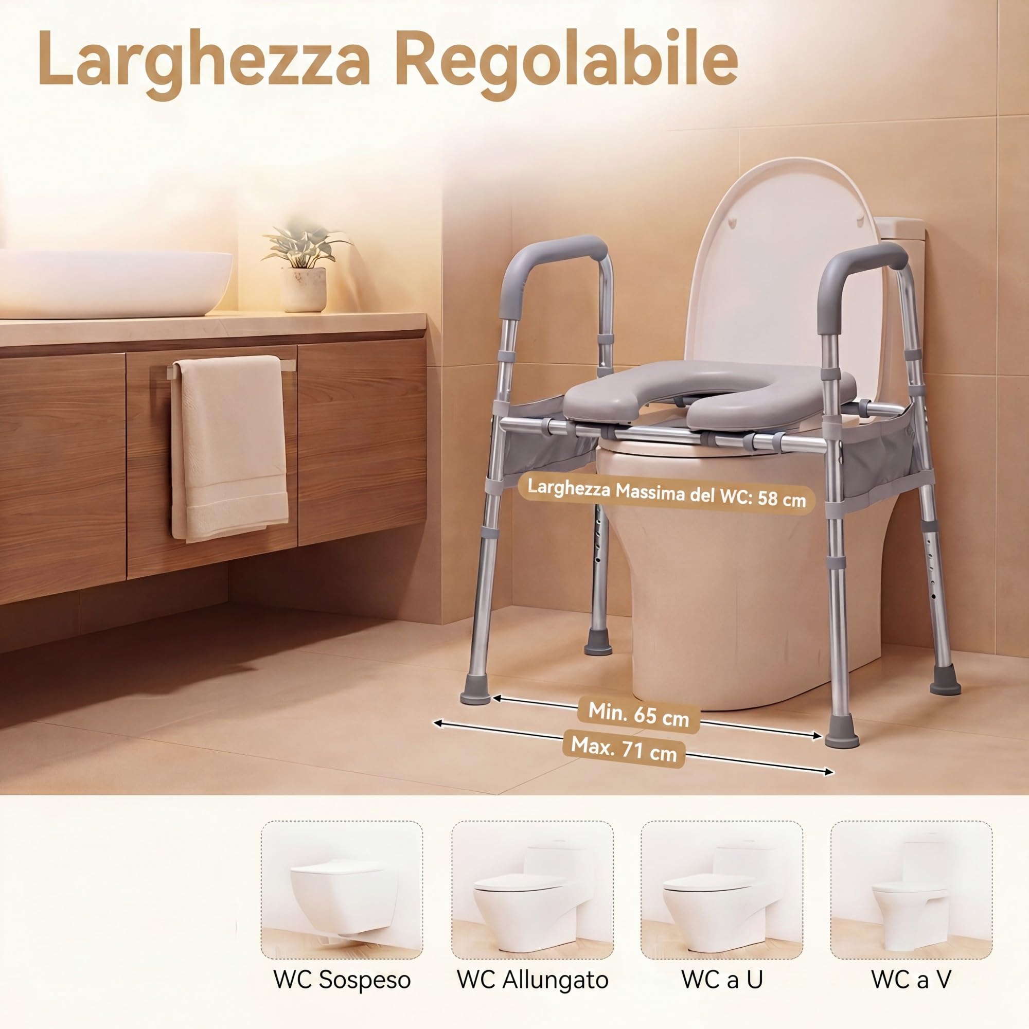 RELAX4LIFE Rialzo WC per Anziani, Sedile WC Rialzato con Portacarta Igienica e Tasca Portaoggetti, Altezza Regolabile, Telaio in Alluminio, Alzata Water per Anziani