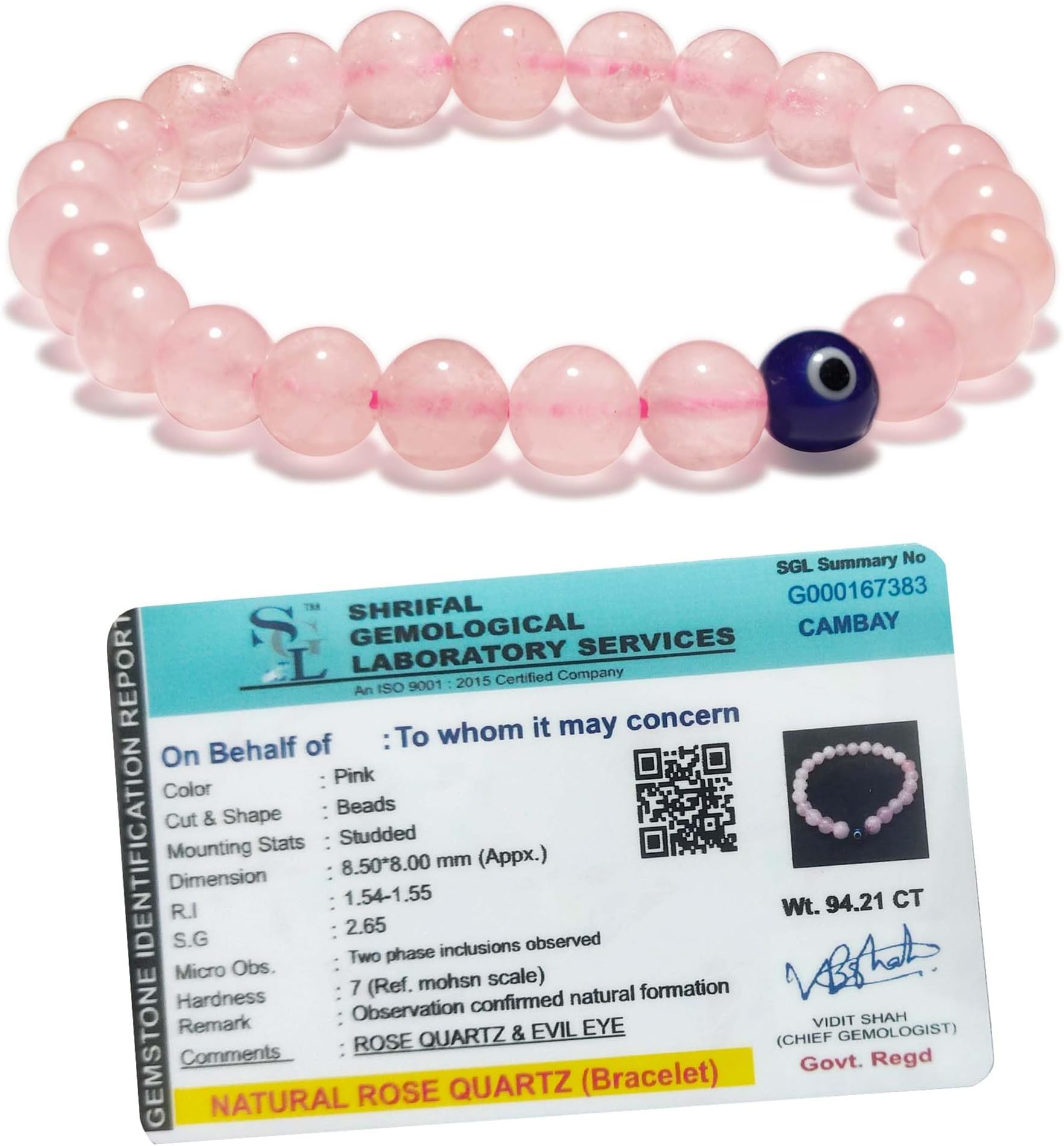 SOLAVAOriginal Rose Quartz Bracelet for Woman and Man with Evil Eye and Lab Certificate - Natural Energised Pink beads Bracelet, Evil Eye Bracelet for Protection, Love and Relationship - 8MM Beads, Free,