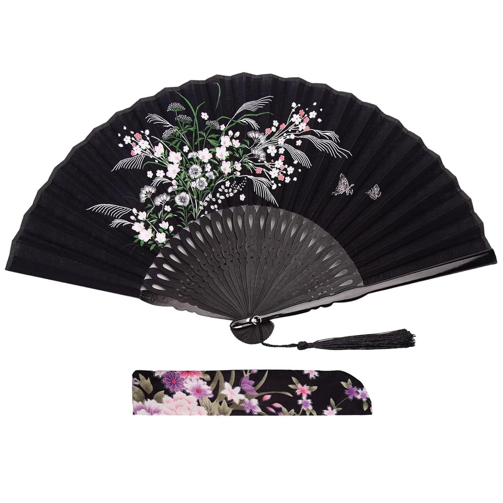 JOHOUSE Black Fabric Folding Hand Fan with Tassel and Pouch – Elegant Foldable Handheld Fan for Women, Wedding Fans for Guests, Chinese and Japanese Style Asian Gift for Party, Dance & Home Decoration