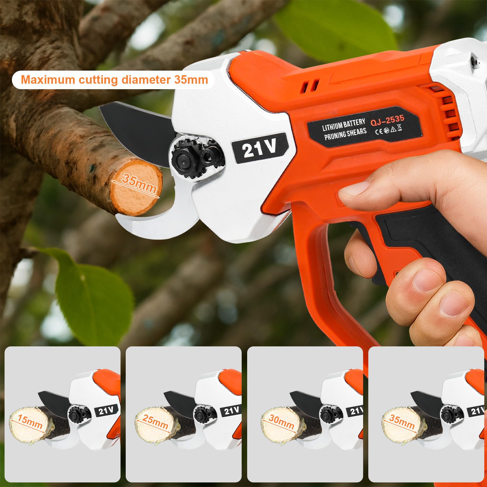 Tijeras de podar con batería con 2 baterías de 2,0 Ah, 21 V, profesional, sin escobillas, sierra de podar con 35 mm de diámetro de corte y pantalla LCD, para podar eficientemente