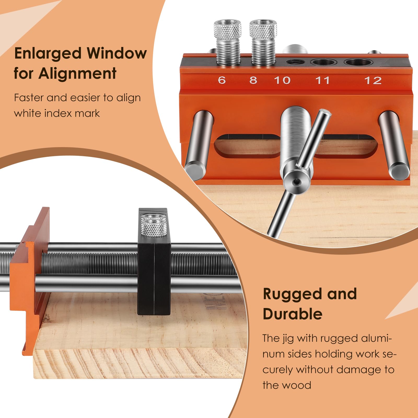 Self Centering Doweling Jig Kit,Drilling Guide Bushings Set,Dowel Jigs Woodworking Tools with 6 Bushings,Adjustable Holes Biscuit Joiner Set for 10mm to 170mm - Image 2