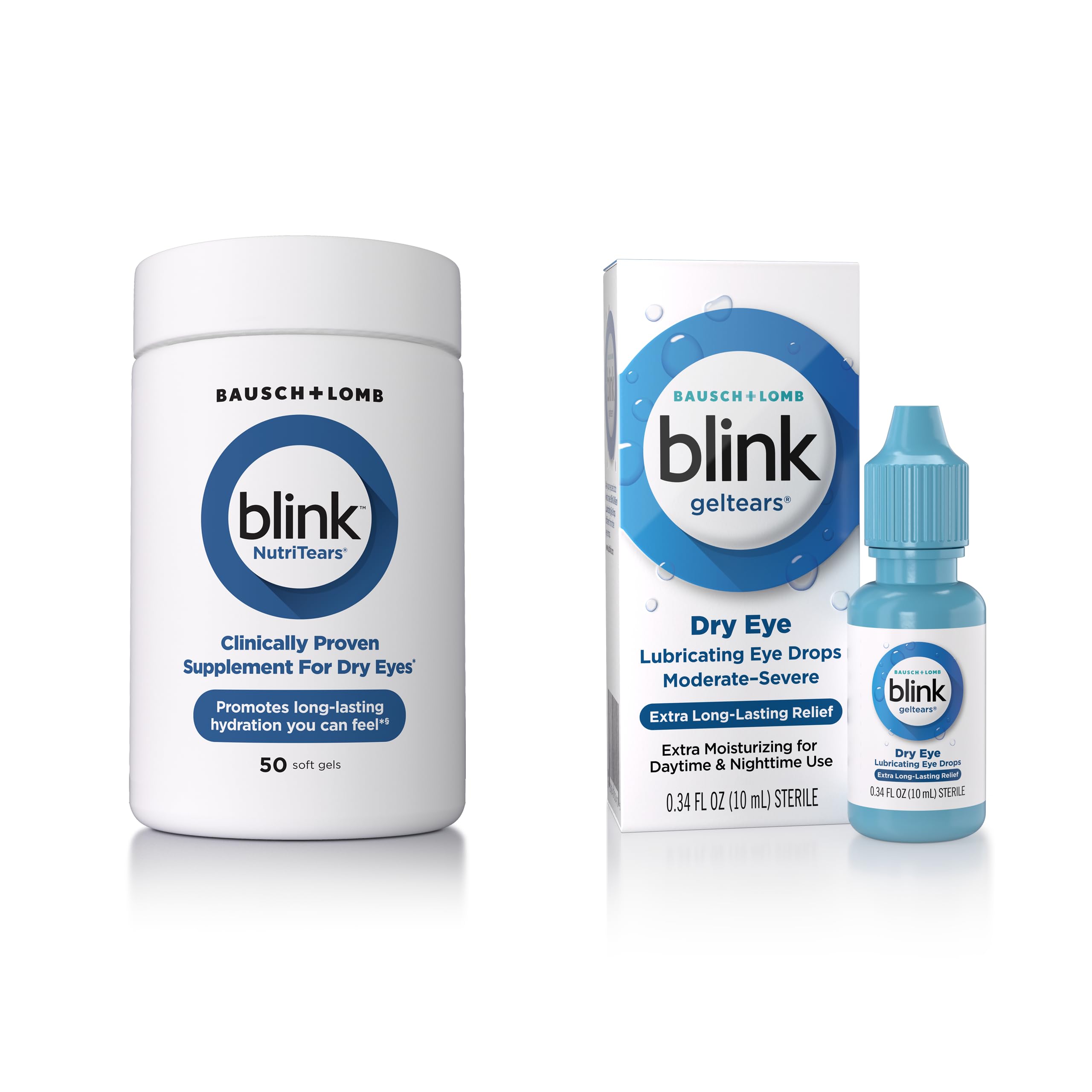 BLINKGelTears Eye Drops for Dry Eyes, Gel Lubricating Eye Drops, Moisturizing & Extra Long-Lasting Hydrating Eye Care + Blink NutriTears Clinically Proven Supplement for Dry Eyes, 50 Softgels