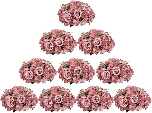 BLOSMON Bolas de flores artificiales, centros de mesa de boda, 10 piezas de 15.7 pulgadas, flores falsas de color rosa polvoriento, arreglo de bolas