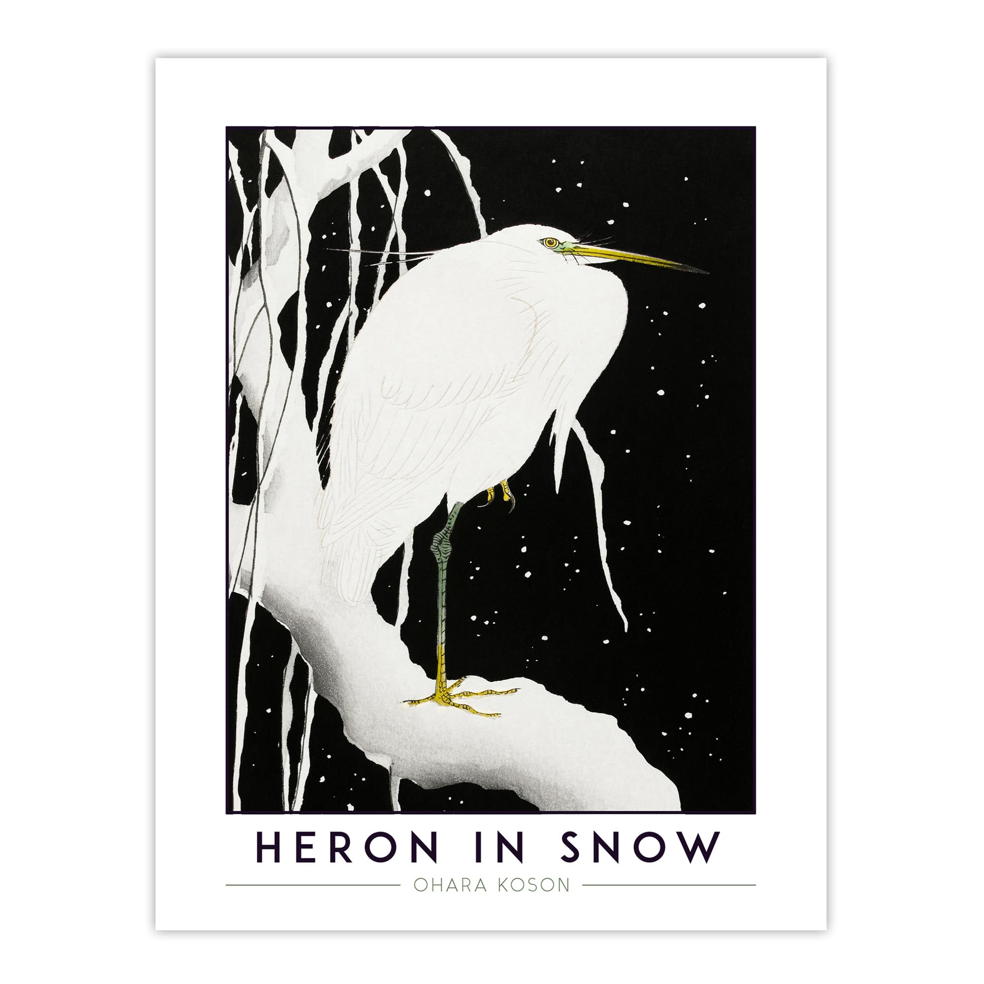 Artery8 Japanese Wall Art Print - Heron In Snow - W24" x H32" - Black