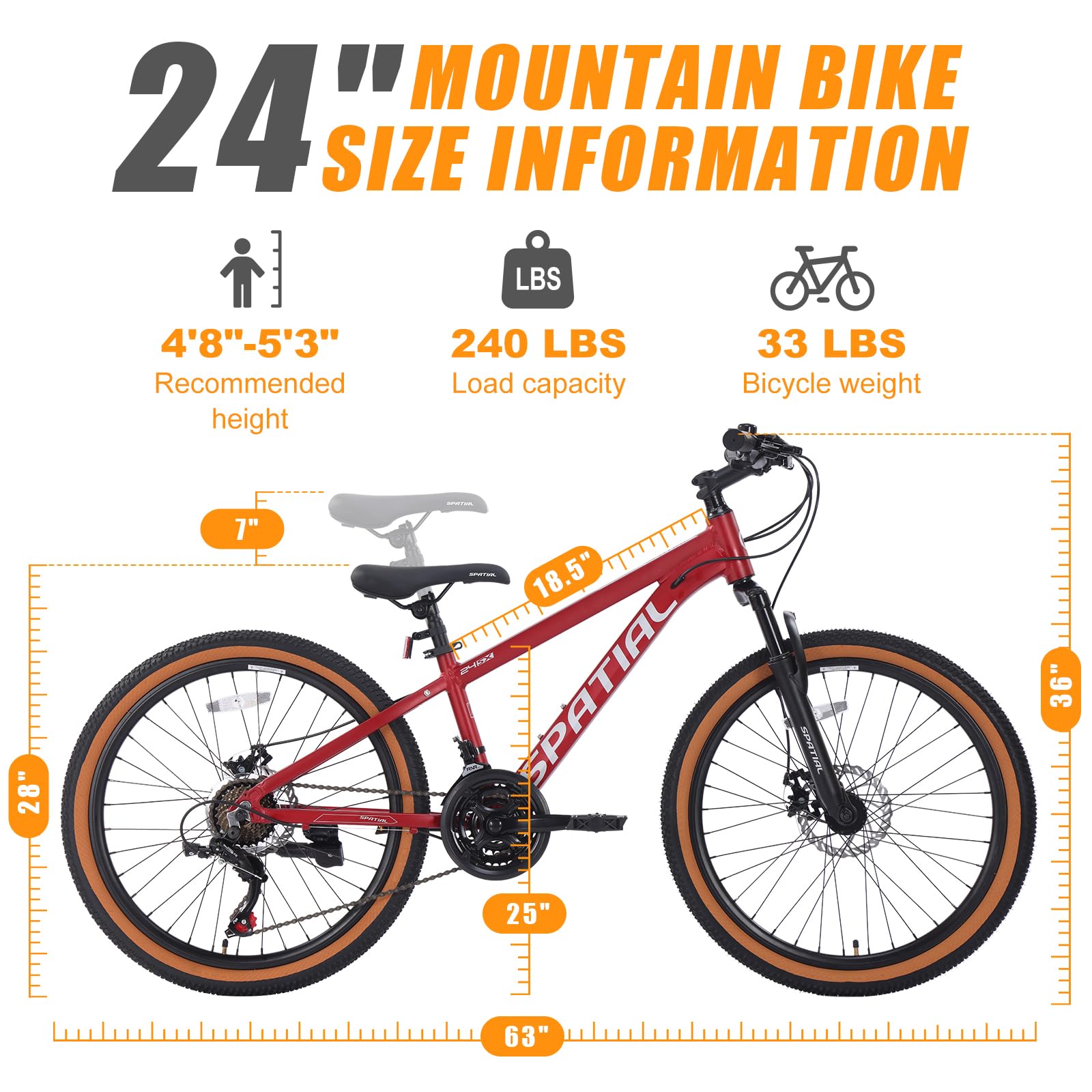 SPATIAL MTB Bicicleta de Montaña para Adultos y Jóvenes - 29/27,5/26/24 Pulgadas, 8/21 Velocidades, Frenos de Disco Mecánicos Dobles, Cuadro de Aluminio, Suspensión Delantera, Asiento Ajustable