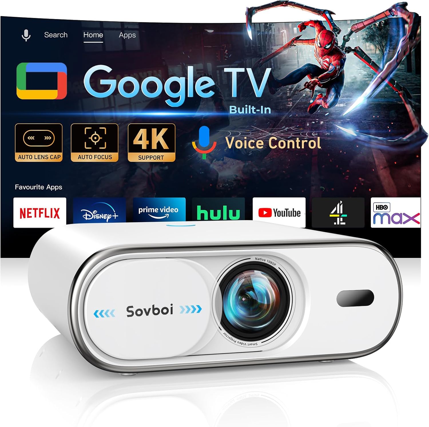 Product image of Projector Compatible with Google TV|1800 ANSI|Auto Lens Cap&4D Keystone|Auto Focus|Voice Control Portable Outdoor Projector 4K with WiFi and Bluetooth, Sovboi Smart Proyector for Netflix Home Theater