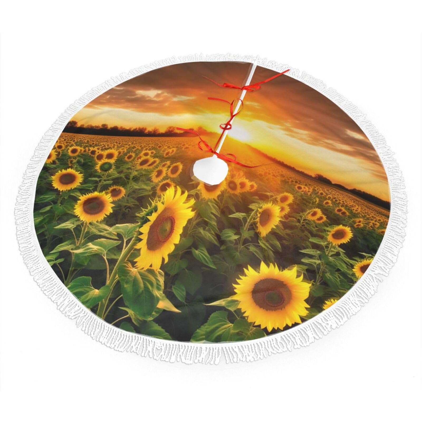 Sunflower Field Sunset Christmas Tree Skirt 48", Soft Plush Xmas Tree Carpet with Tassel Christmas Ornaments Winter Holiday Tree Mat Decoration for Home Party Supplies