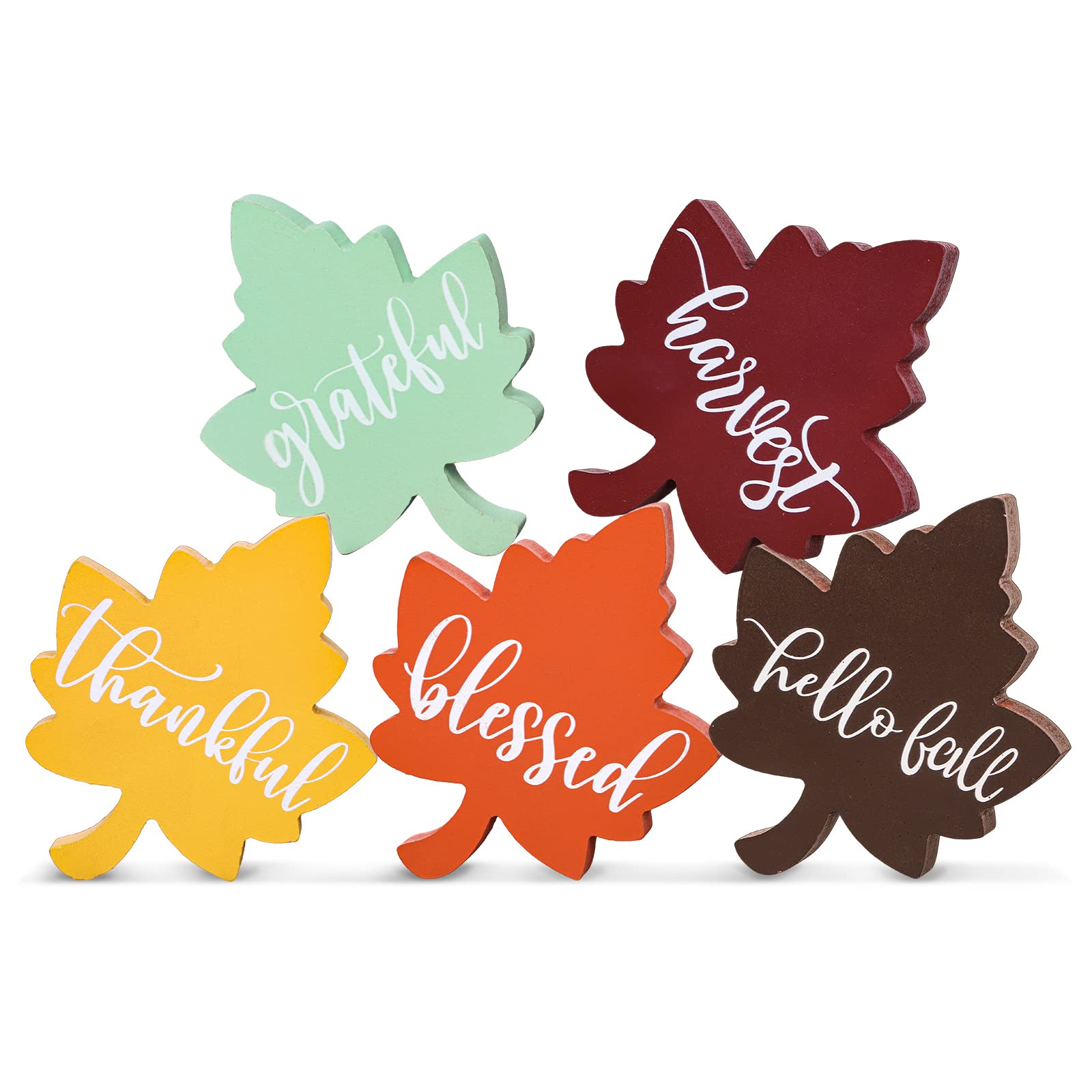 Whaline 5Pcs Fall Tiered Tray Decor Autumn 3D Wood Maple Leaves Tabletop Table Wooden Decor Fall Maple Leaves Thankful Blessed Table Centerpiece for Fall Harvest Home Desk Office Party Decor