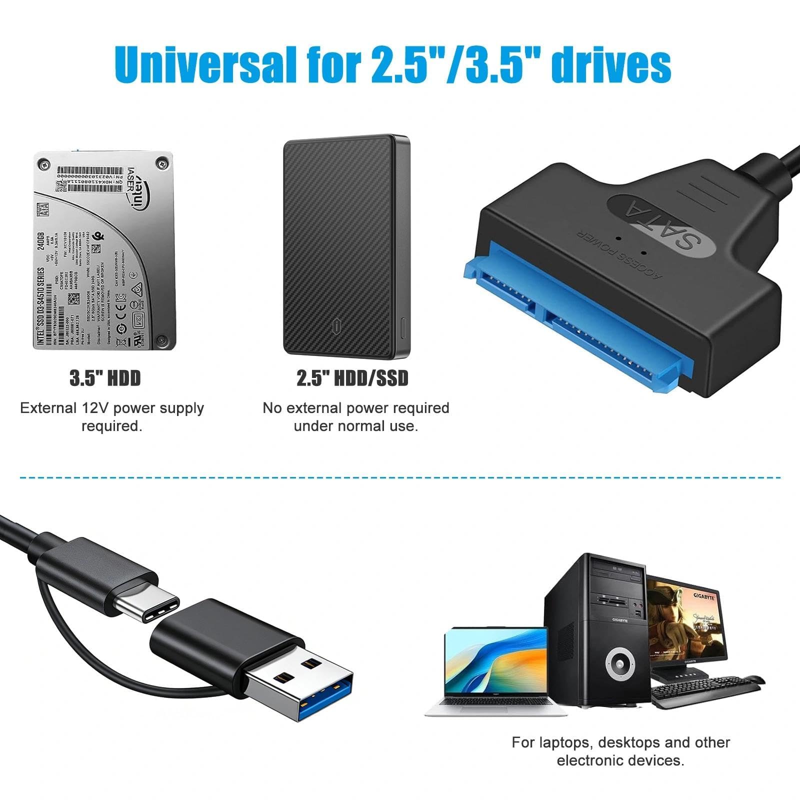 Adattatore SATA USB, Cavo 2-in-1 USB-C/USB 3.0 a SATA, per Dischi Rigidi SSD/HDD 2,5/3,5 Pollici con Alimentatore 12V 2A
