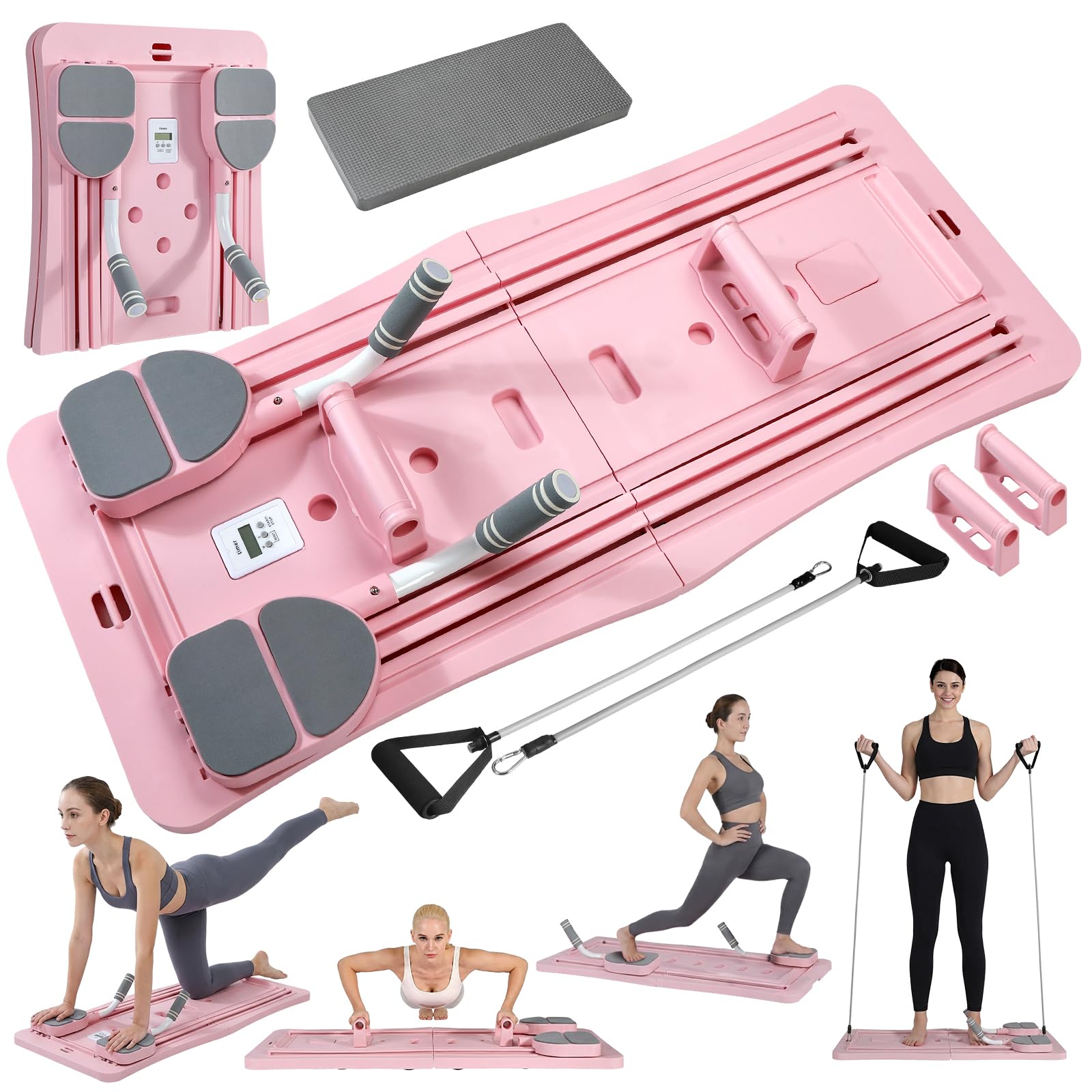 Pilates Board Faltbarer, mit Widerstandsbänder, Timer, 3 Zubehör, Plegable Zuhause Reformer für Pilates Maschine Multifunktions Equipment Set, für Frauen Ganzkörpertraining Familienfitness