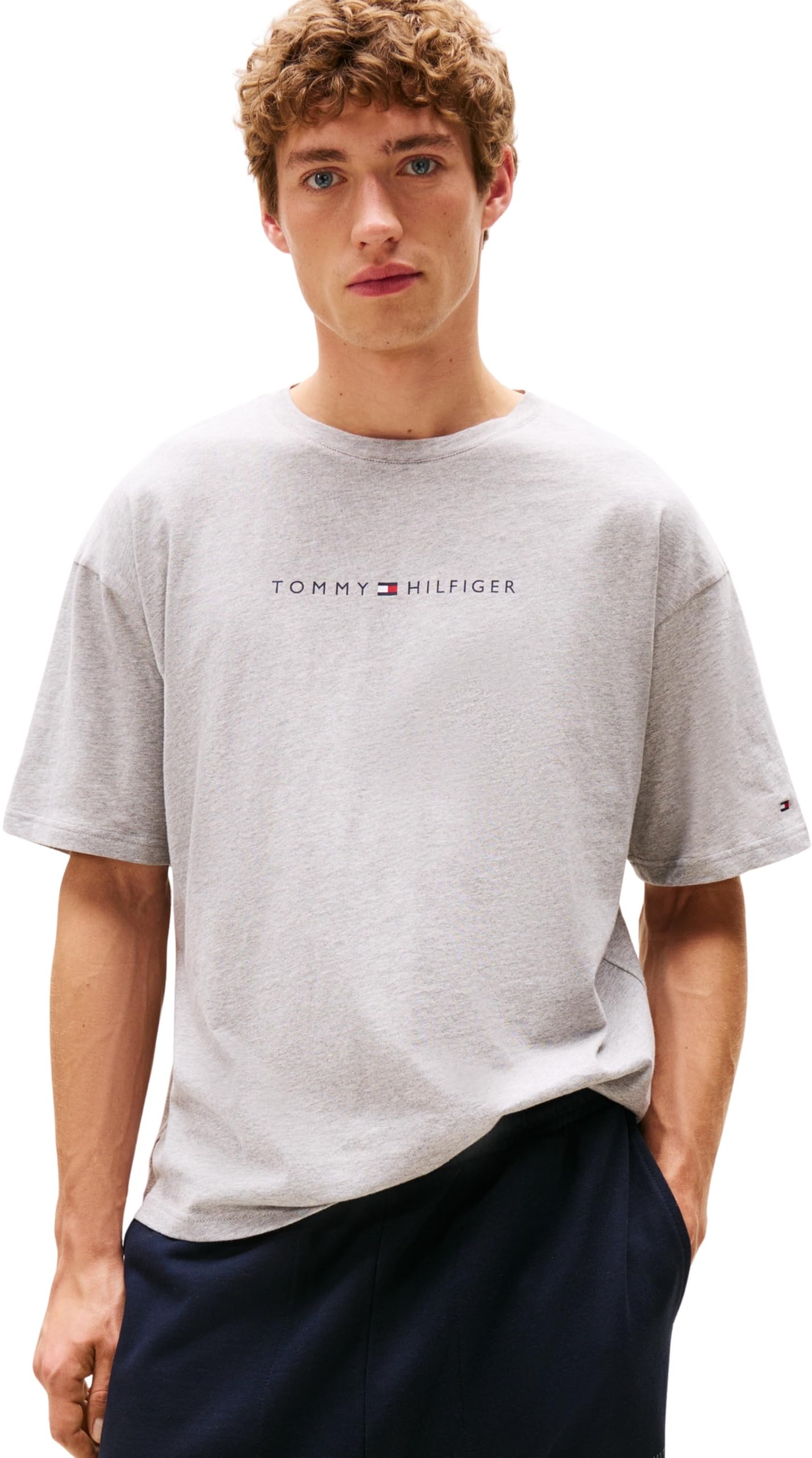 Tommy Hilfiger Men’s Short Sleeve Round Neck Logo T-Shirt, Grey (Light Grey Heather), M