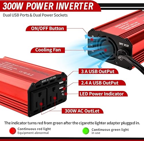 Miniatura 3 de Inversor de corriente de 300 W, 12 V CC a 110 V CA Adaptador de enchufe dual para automóvil, convertidor de salida de adaptador de enchufe doble,