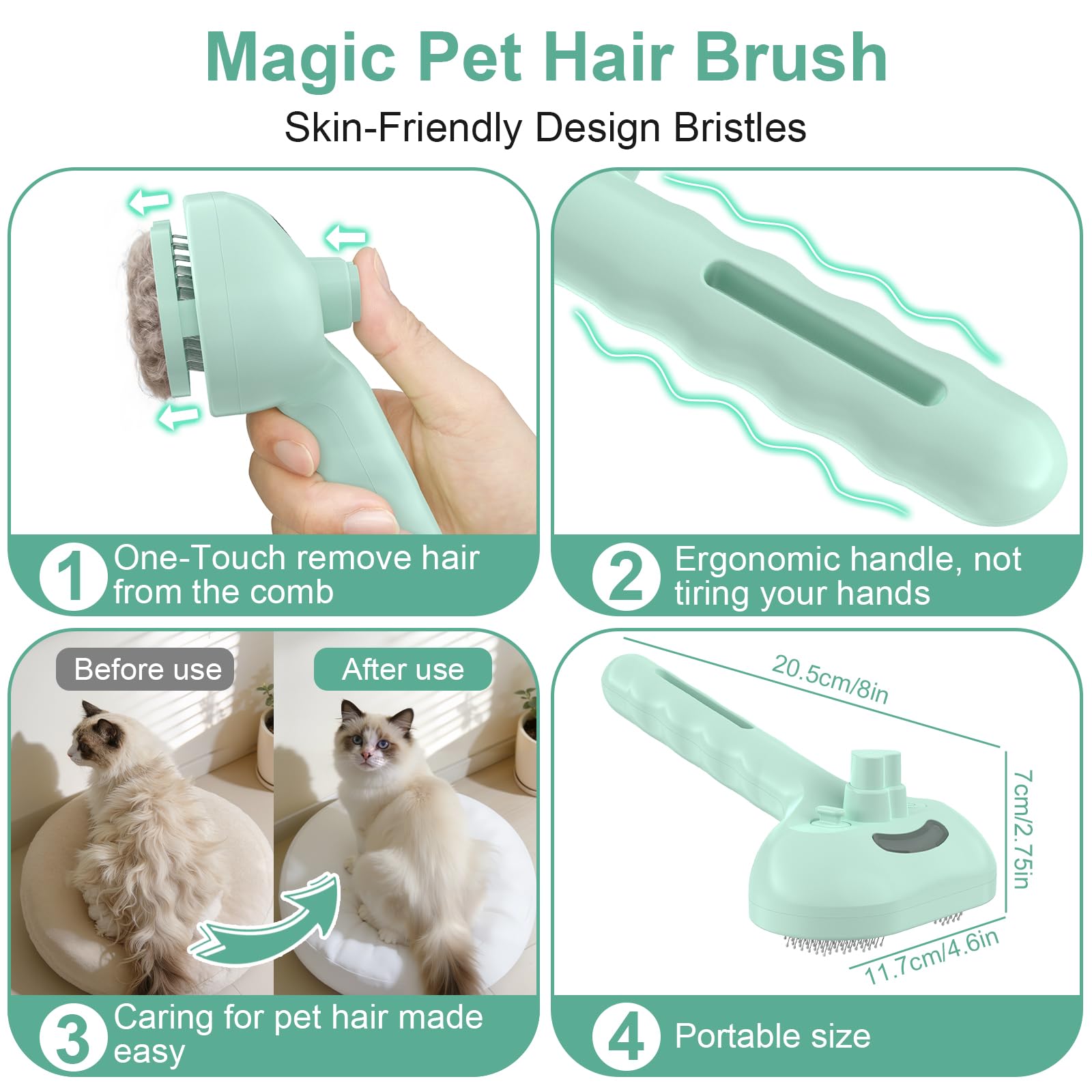 Cepillo para perros y gatos, cepillo de vapor para mascotas, cepillo de vapor para perros y gatos, peine antiestático de pelo largo y corto, herramienta de peluquería para mascotas, verde