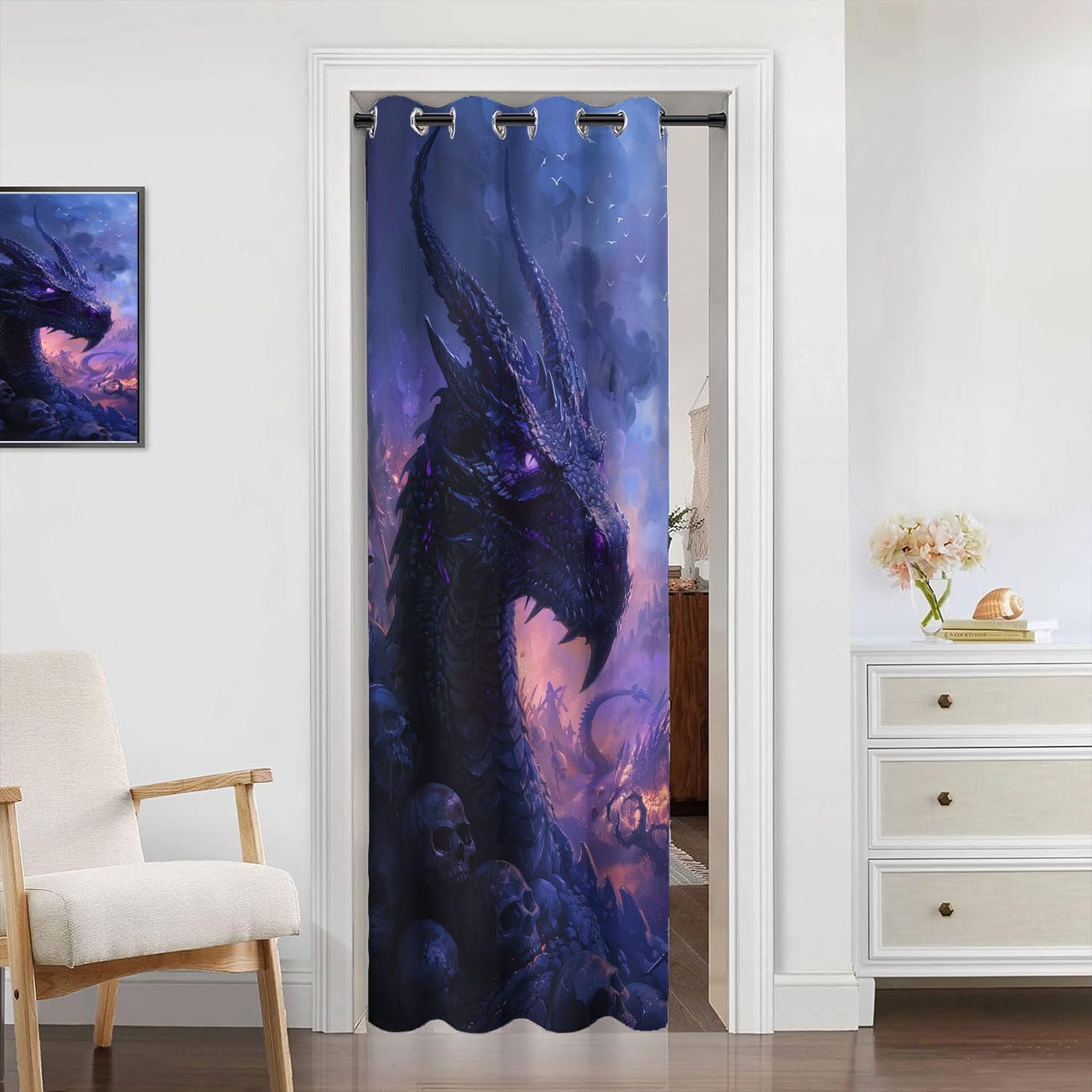 Fantasy Dragon Door Curtain Home Decor, Fantasy Black Purple Skulls Room Darkening Blackout Curtain for Privacy Bedroom Doorway Living Room, 1 Panel 34" W X 80" L