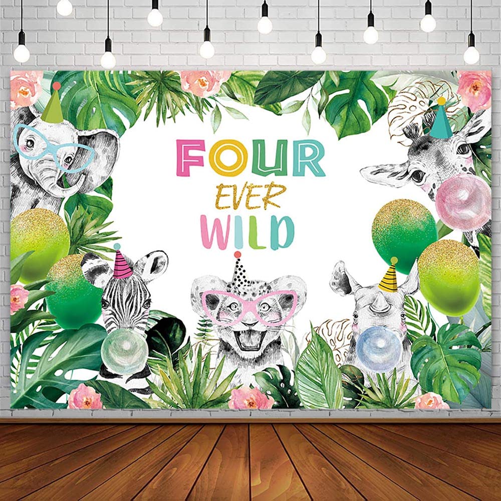 AIBIIN 7x5ft Four Ever Wild Backdrop for Kid Happy Fourth Birthday Photography Background Jungle Safari Forest Animals Tropical Leaves Balloon 4th
