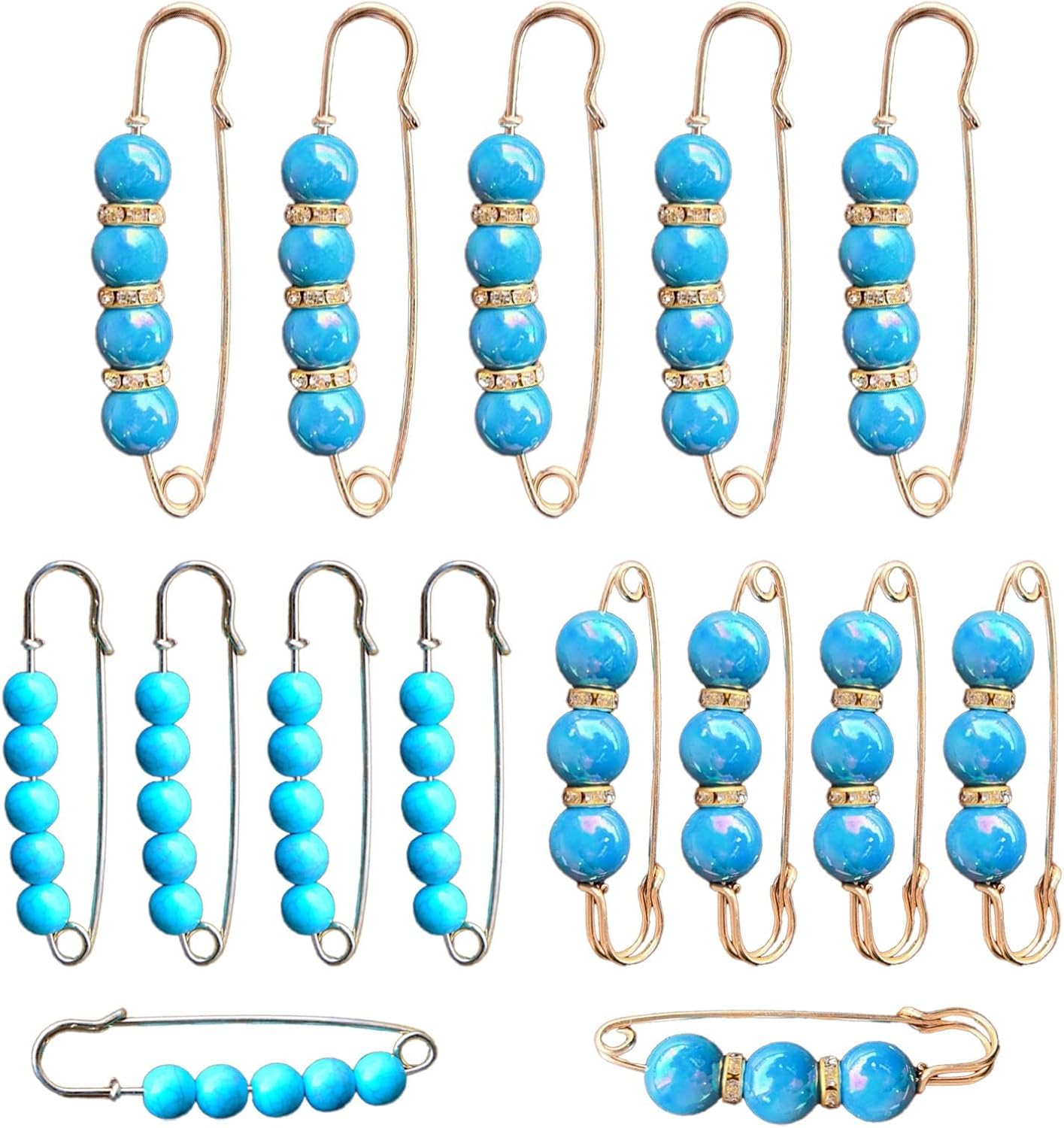 Elegant Pearl Brooch Pins for Clothes, Set of 15 Pieces, 3 Blue Tones