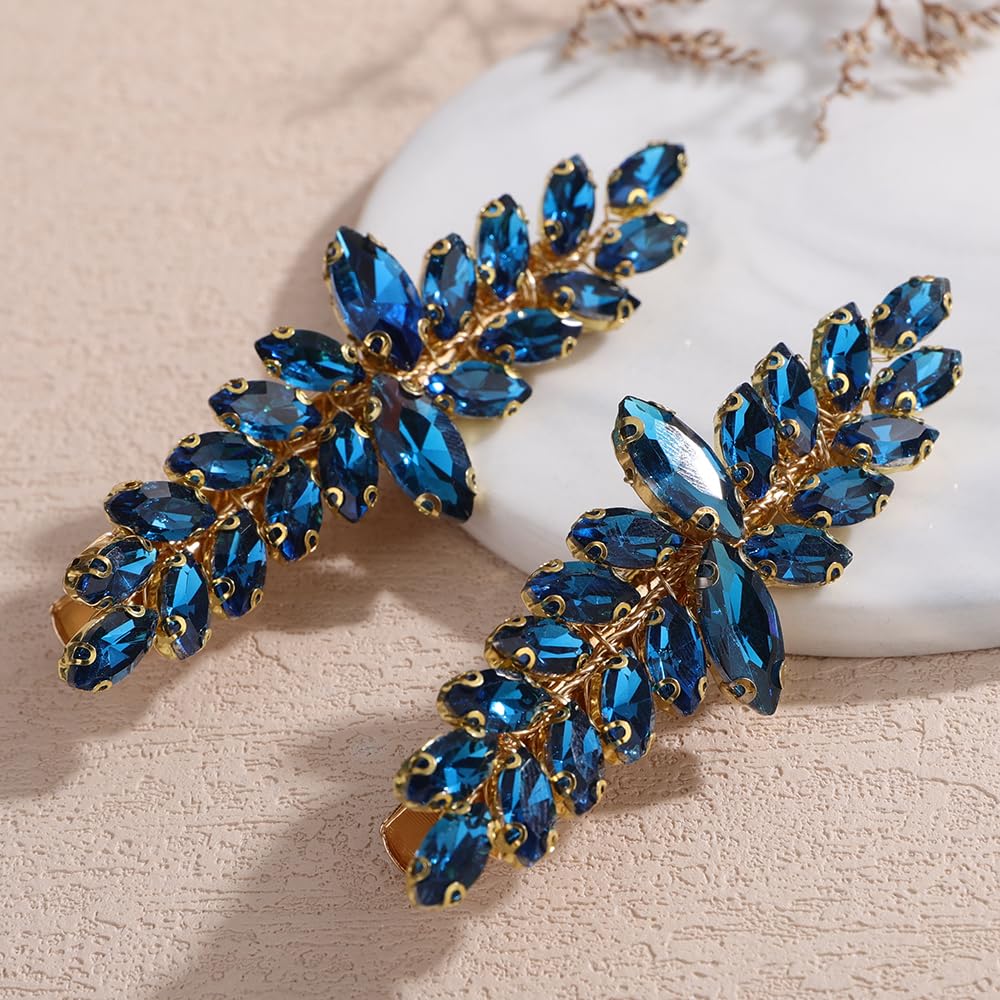 Fermagli per capelli con strass a goccia e strass, per matrimonio, da sposa (2 pezzi) (oro blu pavone)