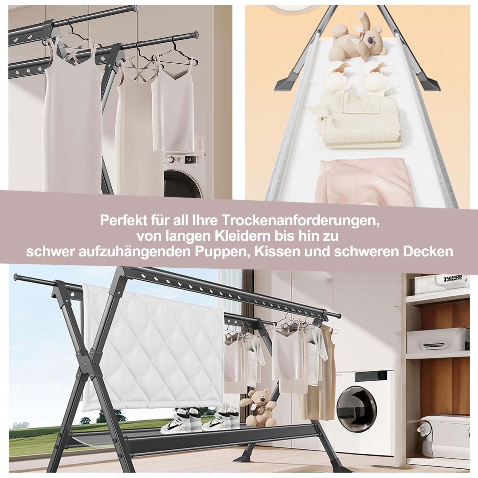 Wäscheständer Ausziehbar, Aluminium-Wäschespinne Camping, Faltbarer Kleiderbügel, Verstellbarer Kleiderständer für Waschküche, Schlafzimmer, Wäscheständer Balkon, Schwarz